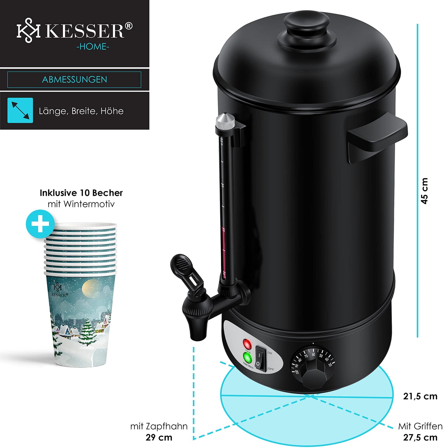 KESSER® Glühweinkessel 8L Edelstahl Inkl. 10x Becher Glühweinkocher mit Thermostat Glühweinautomat Heißgetränkeautomat Wasserkocher Heißwasserspender Einkochautomat Füllstandanzeige Zapfhahn Schwarz