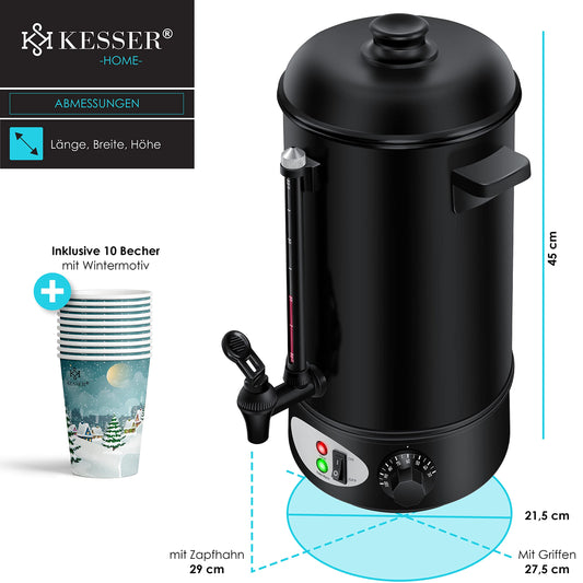 KESSER® Glühweinkessel 8L Edelstahl Inkl. 10x Becher Glühweinkocher mit Thermostat Glühweinautomat Heißgetränkeautomat Wasserkocher Heißwasserspender Einkochautomat Füllstandanzeige Zapfhahn Schwarz