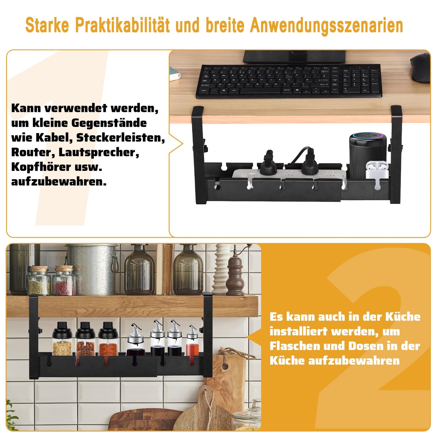 Kabelkanal Schreibtisch Ohne Bohren, HQQNUO Schwarz Einziehbarer 30.5-55cm Kabelmanagement Schreibtisch, Verstellbarer Metall Kabelhalter Kabel Organizer für Home Office Cable Management Under Desk