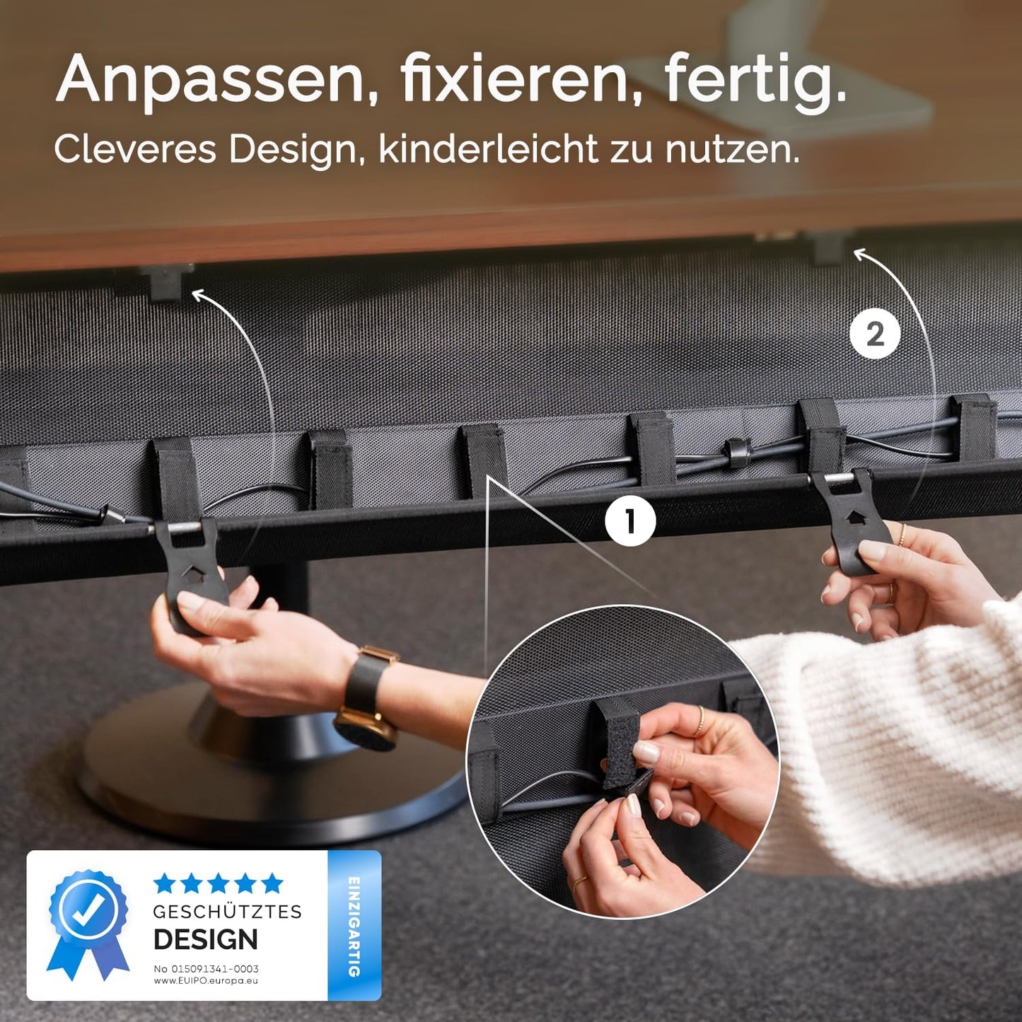 DESKSPACE® Kabelwanne Schreibtisch Kabelmanagement - Beidseitig Klappbarer Kabelkanal - Cable Organizer für den Schreibtisch - 94 cm (Schwarz)