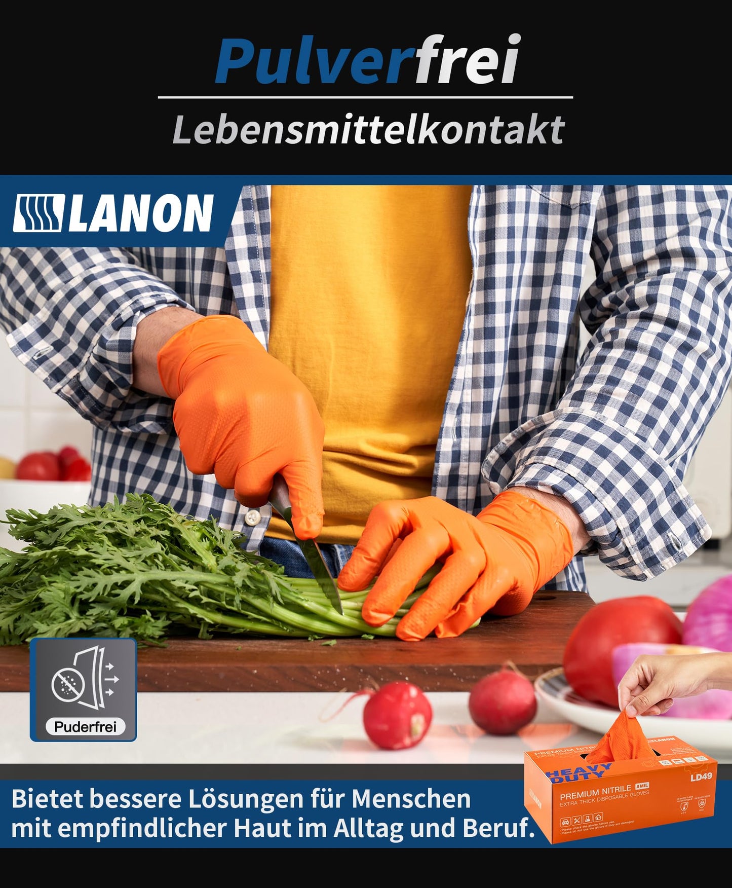 LANON 8 Mil Orange Einweghandschuhe Nitrilhandschuhe, Mechaniker, Langlebig, Lebensmittelecht, Latexfrei, Puderfrei, Volldiamantbeschichtet, L