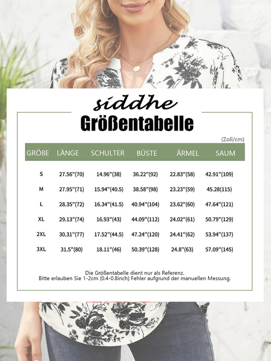 Siddhe Blusen Damen Elegant Festlich, Damen Elegant Bluse mit 3/4 Ärmel Leicht Lang Tunika Damen Longbluse V-Ausschnitt Hemdbluse Damen Baumwolle Blusenshirt, Blummen Beige L