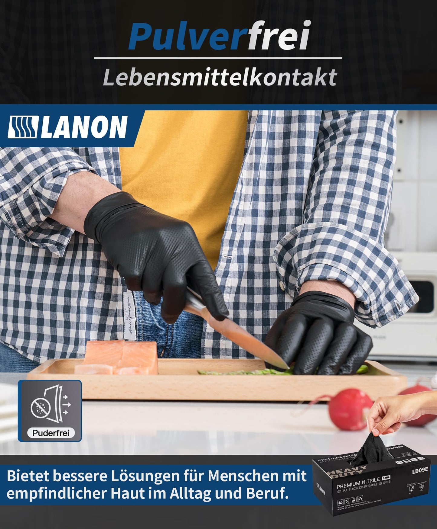 LANON 8 Mil Schwarz Nitrilhandschuhe, Diamanttextu Einweghandschuhe Extra Stark, Mechaniker, Langlebig, Lebensmittelecht, Latexfrei, Pulverfrei, M(100 Stück)