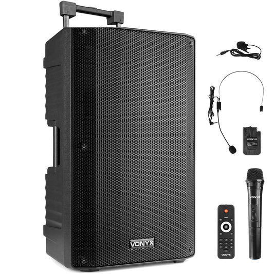 Vonyx VSA700-BP Partybox Bluetooth Lautsprecher Groß 1000W, 8 Std Akku, Mobile PA Anlage Komplettset mit 2 Kabellose Mikrofone und Fernbedienung - Mobile Musikbox Groß, USB, SD, MP3, Schwarz