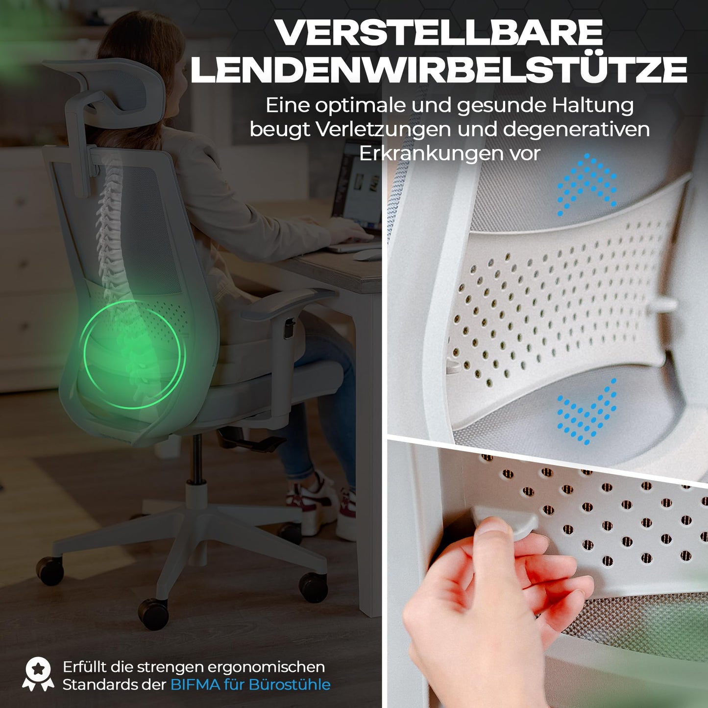 VALKENSTOL M2 Bürostuhl Ergonomisch mit individuell konfigurierbarer Armlehne und Kopfstütze für maximale Bewegungsfreiheit - bequemer ergonomischer Schreibtischstuhl für Büro und Home Office Chair
