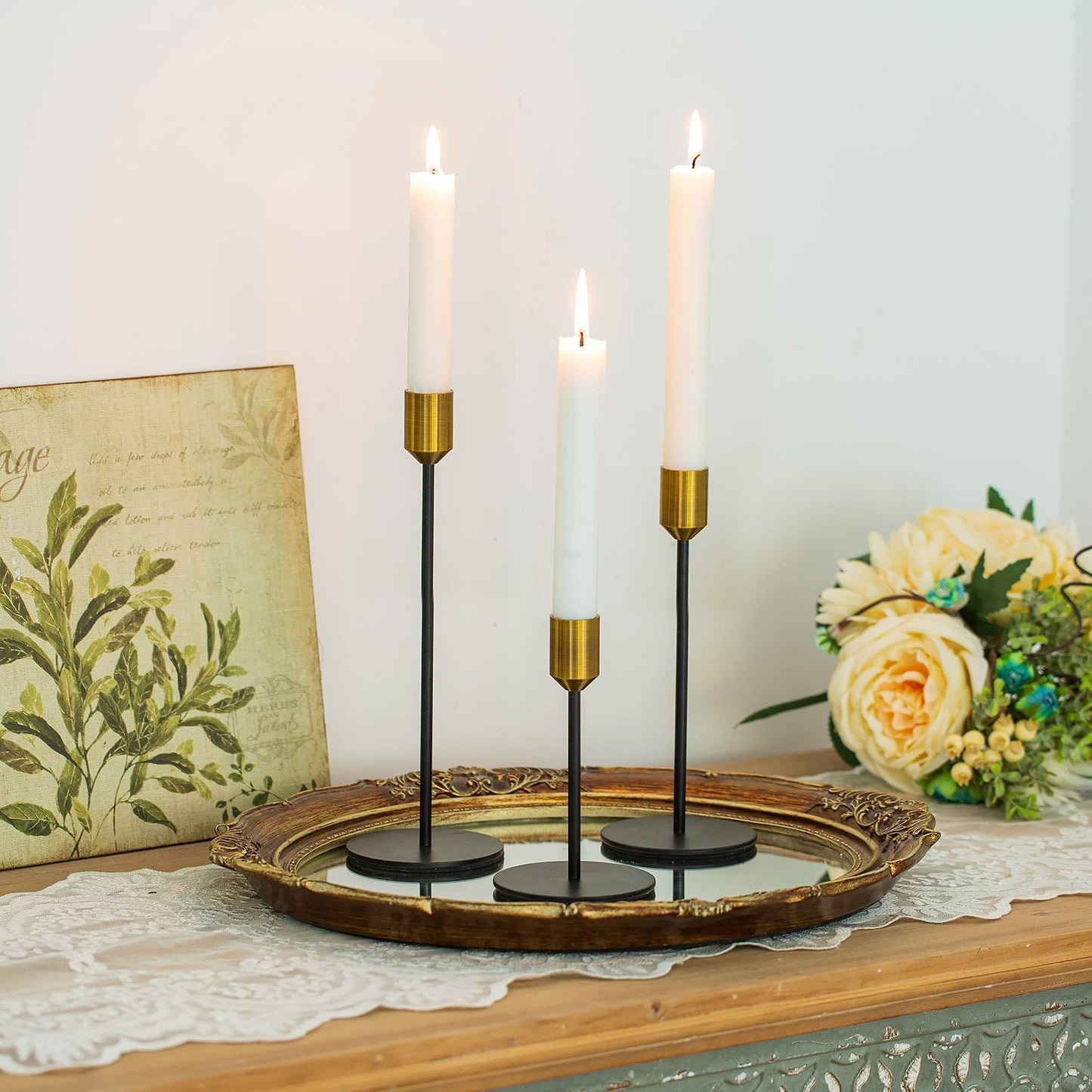 Romadedi Kerzenständer Gold & Schwarz - 3er-Set Hoch Kerzenhalter Unterschiedlicher Größe für Stabkerze Kerzen Metall Vintage Modern Deko Tischdeko für Weihnachten Hochzeit Wohnzimmer, 24/20/14 cm