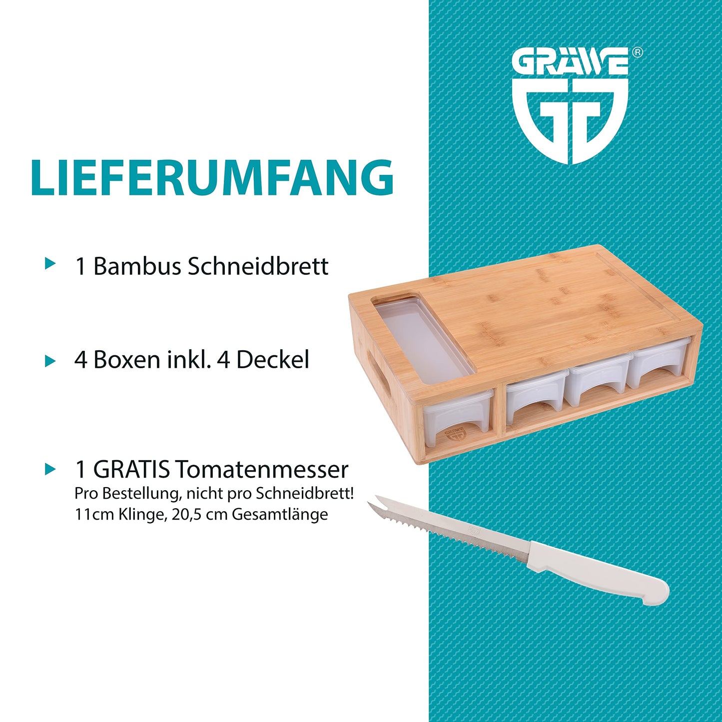 GRÄWE Bambus Schneidebrett groß, 40 x 27 cm, Holzbrett für Linkshänder, Küchenbrett mit Auffangschalen, klingenschonend, rechteckig
