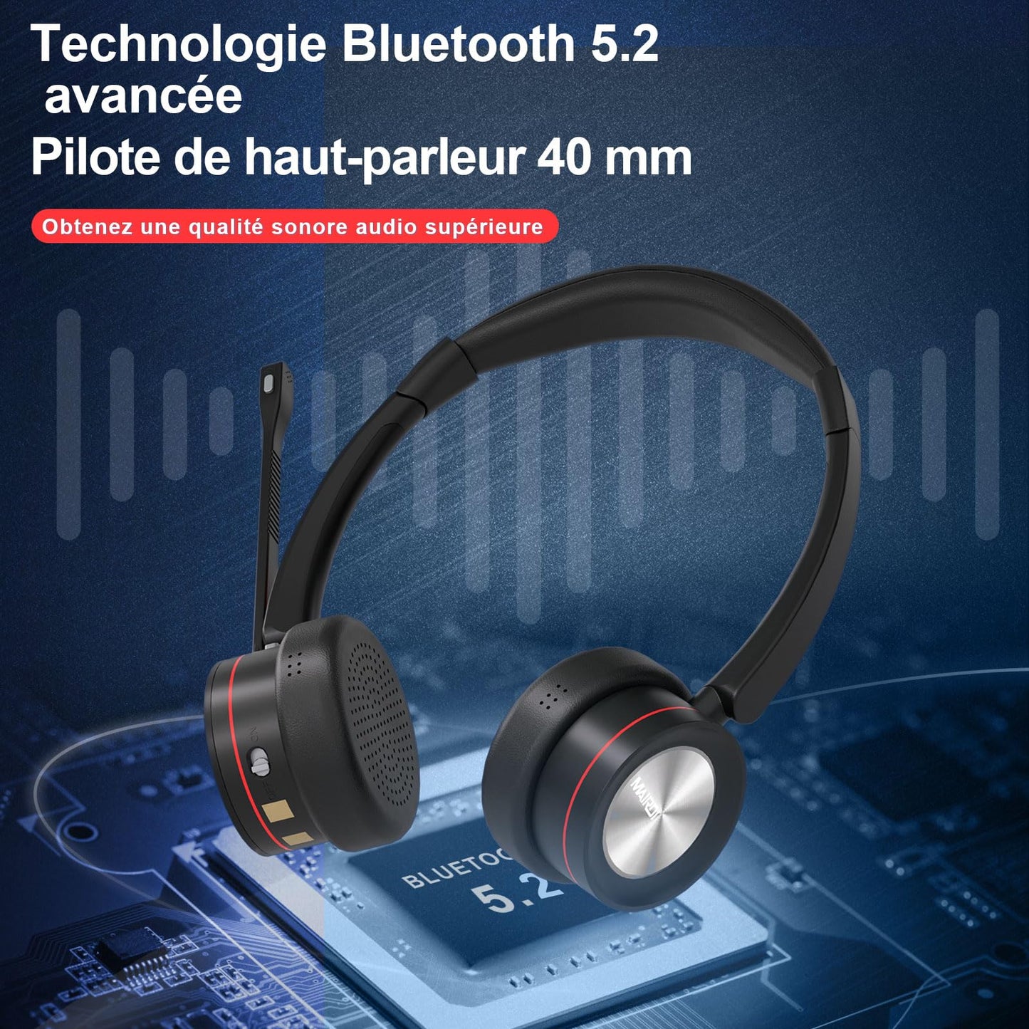 Mairdi Wireless Headset mit Mikrofon Noise Canceling, Stereo Bluetooth 5.2 Headset mit Ladestation, mit USB Bluetooth Adapter für Handy PC Call-Center Büro Zoom Microsoft Team Skype Chat