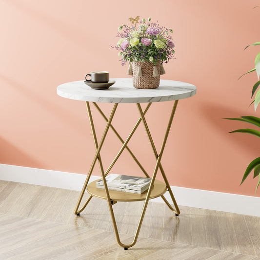 Tribesigns Faux Marmor End-Tisch, 2-stufiger runder Seitentisch, Beistelltisch mit Metalllegen, kleiner Akzent Tisch Snack Tisch für Wohnzimmer, Schlafzimmer, Balcony, Weiß und Gold (1, Weiß und Gold)