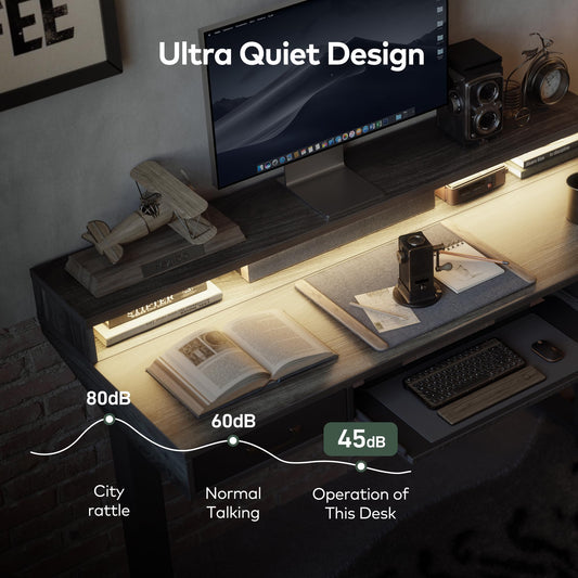 FEZIBO Stehtisch mit 2 Schubladen & Tastaturablage, 140 x 60 cm Sitz-Steh-Schreibtisch mit Monitorständer & LED-Streifen, Rustikal Grau