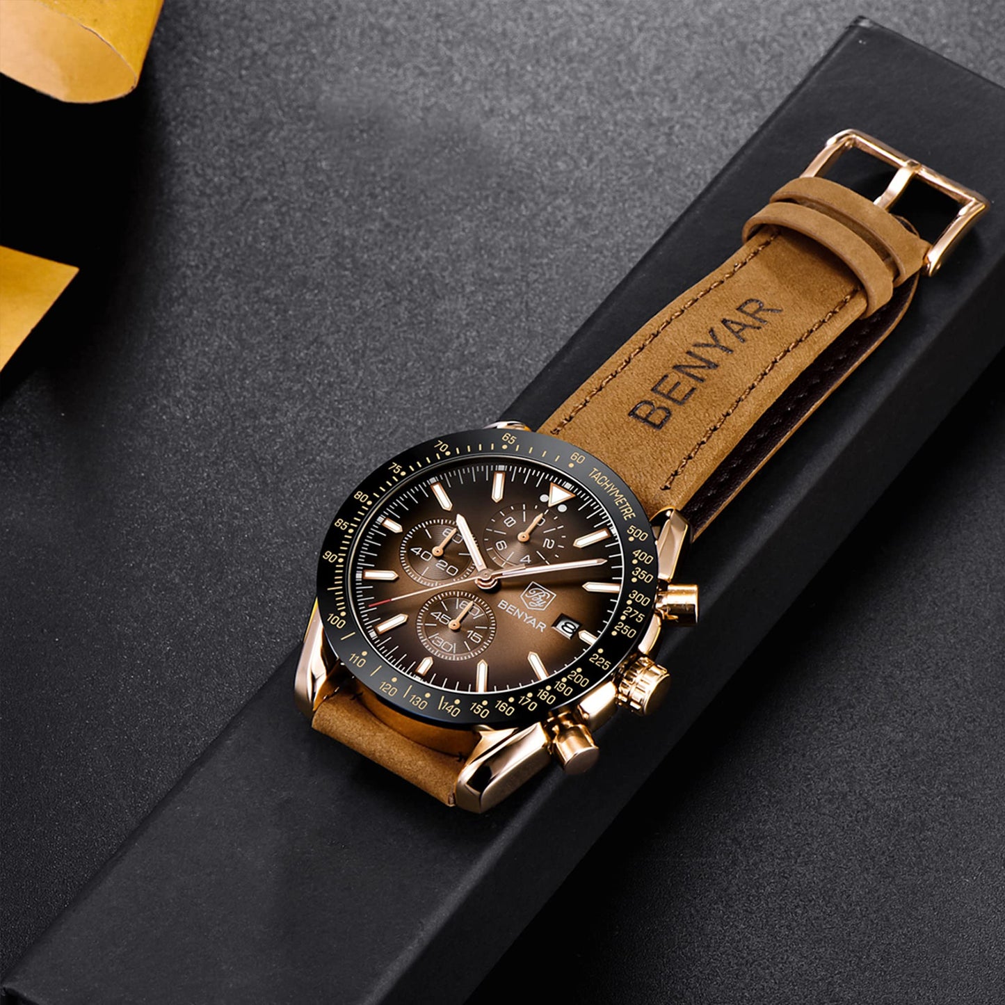 BENYAR Uhren Herren Chronograph Analog Quarz Braun Lederarmband Armbanduhr Herren Wasserdicht Leuchtende Datum Herrenuhr Mode Lässig Sport Business-Kleid Uhren fur Männer Elegantes Geschenk