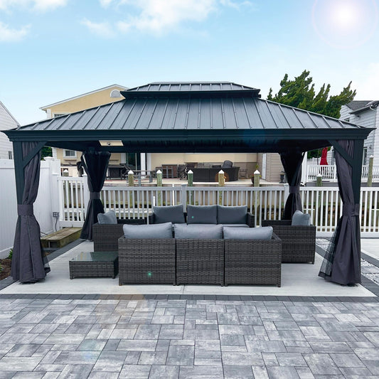 PURPLE LEAF Pavillon 3.65 x 4.85 m Wasserdicht Stabil Winterfest Gartenpavillon Alu Pavillon mit Seitenteile Hardtop mit Stahldach, Grau