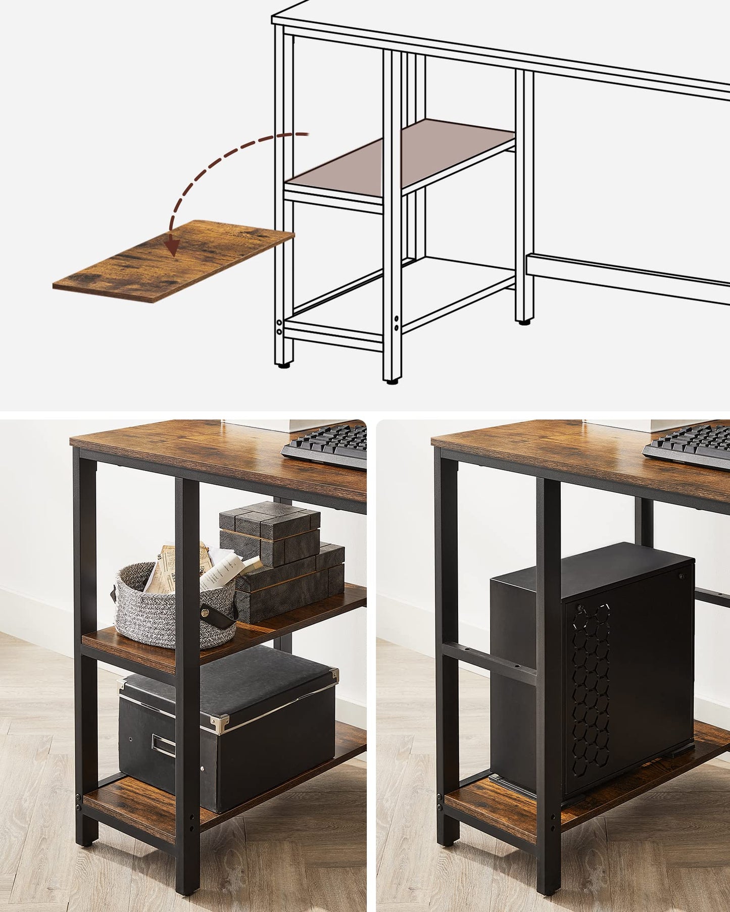 VASAGLE Schreibtisch, Computertisch, PC-Tisch, Bürotisch, mit 2 Ablagen auf der rechten oder linken Seite, fürs Büro, Wohnzimmer, Stahlgestell, Industrie-Design, vintagebraun-schwarz LWD47X