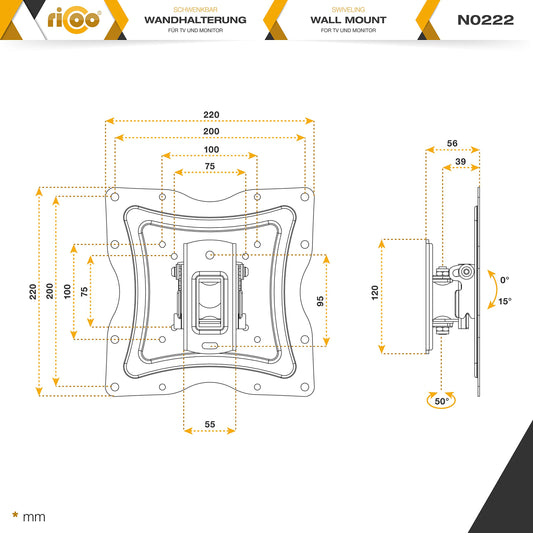 RICOO TV Monitor Wandhalterung Flach Ultra Slim Neigbar für 19-47 Zoll, Universal TV Halterung N0222, Fernsehhalterung für Wand, Wandhalterung Fernseher 32 Zoll, bis 30 Kg, max. VESA 200x200 mm