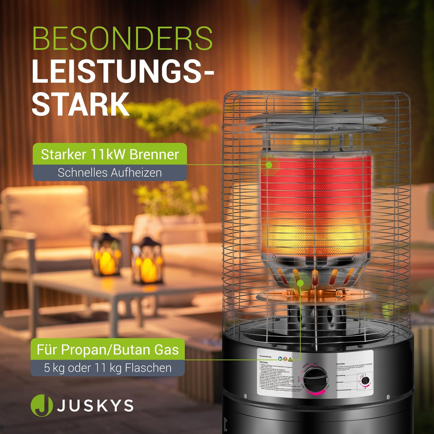 Juskys Outdoor Heizstrahler Cuna mit 11 kW Gas-Brenner - Heizpilz Terrassenheizer mit Gas für Terrasse Balkon und Garten - für 5 und 11 kg Gasflaschen