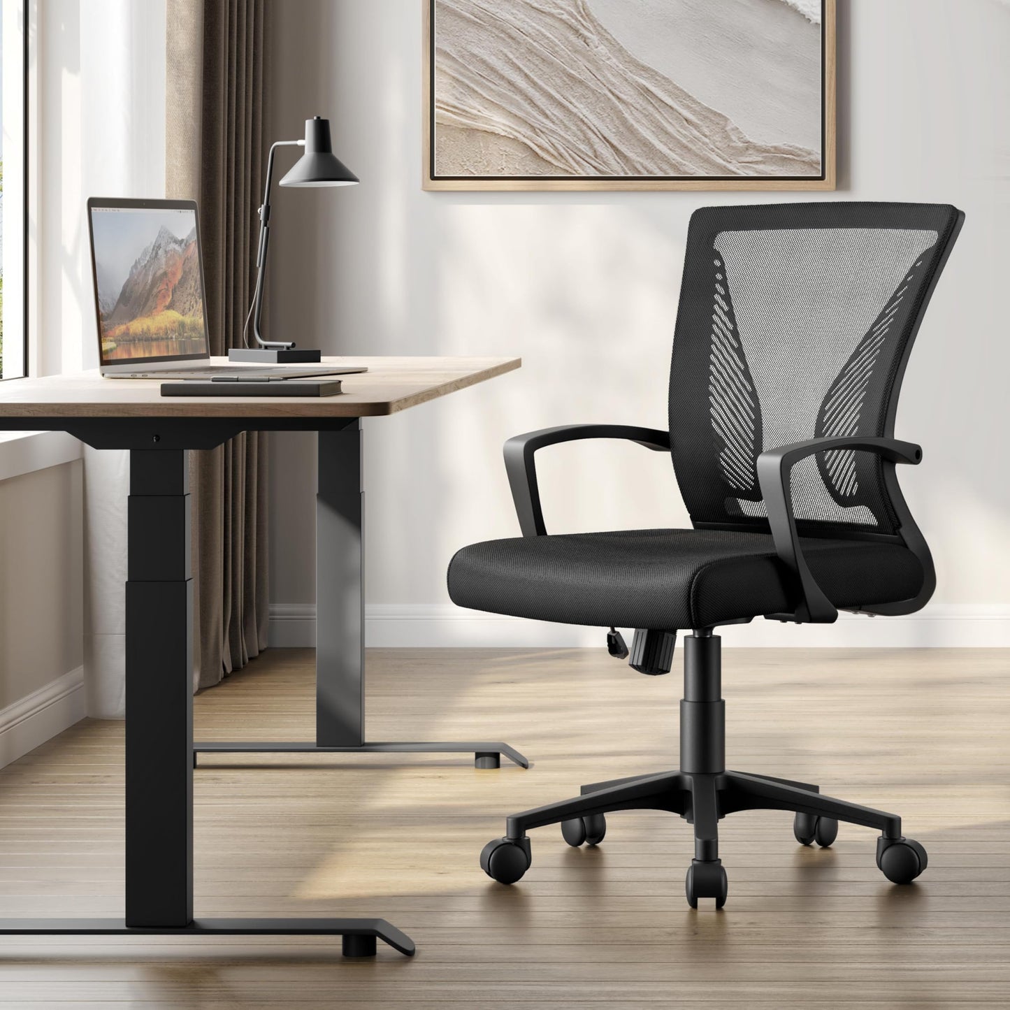 Yaheetech Bürostuhl Ergonomisch, Schreibtischstuhl mit Netzbespannung, Arbeitsstuhl mit Armlehnen, Chefsessel aus Mesh, höhenverstellbarer Computerstuhl 136 kg, atmungsaktiv, Wippfunktion Schwarz