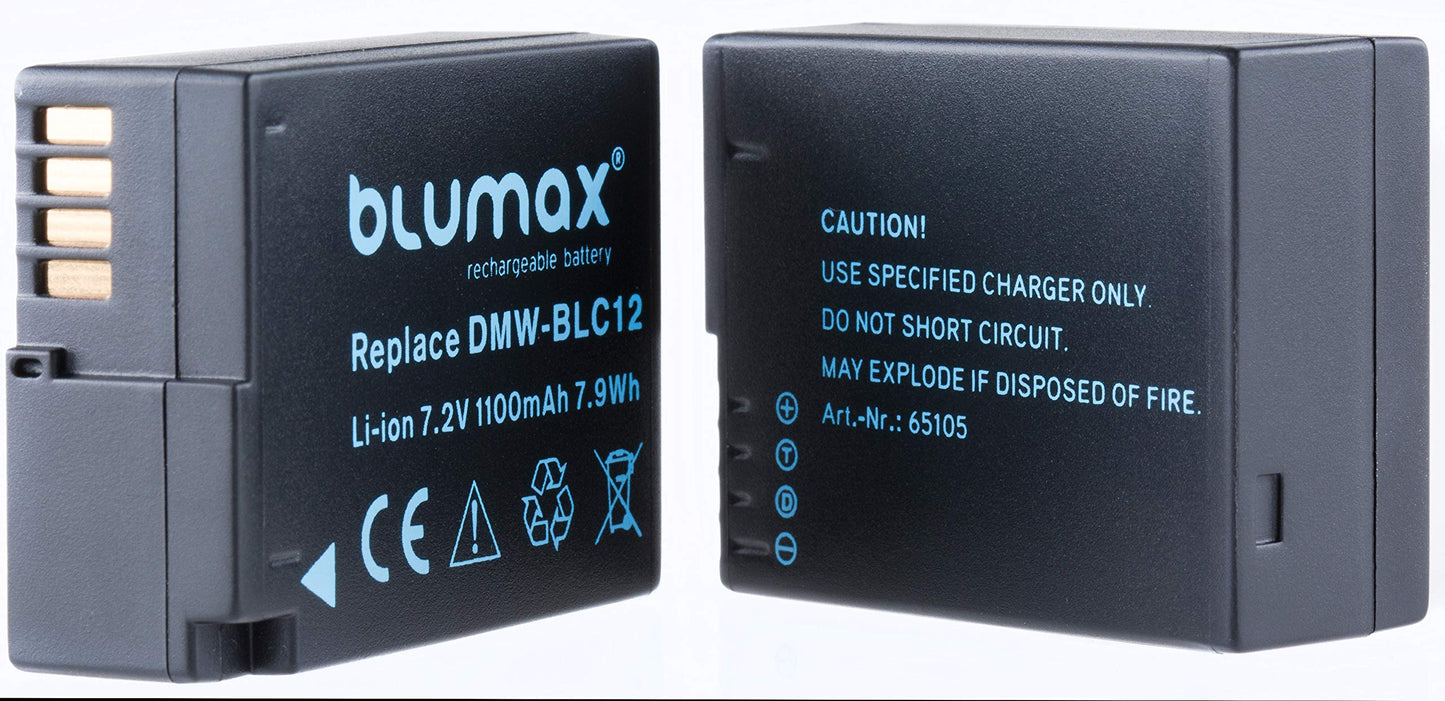 Blumax 2X Akku ersetzt Panasonic DMW-BLC12 / DMW-BLC12-E 1100mAh + Mini Dual-Ladegerät USB | kompatibel mit Lumix DMC: G5 | G6 | GX8 | G70 | G81 | GH2 | FZ200 | FZ300 | FZ1000 | FZ2000 | Leica V-Lux 4