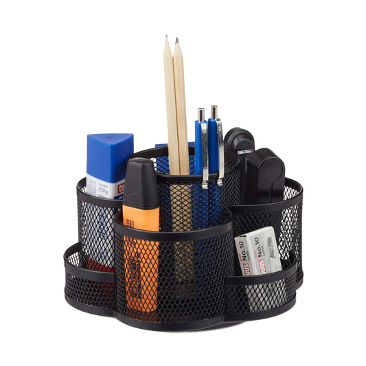 Relaxdays Stiftehalter, Metallgeflecht, 7 Fächer, drehbar, rund, kompakt, für Büro, Stiftebox f. Pinsel, Schere, schwarz