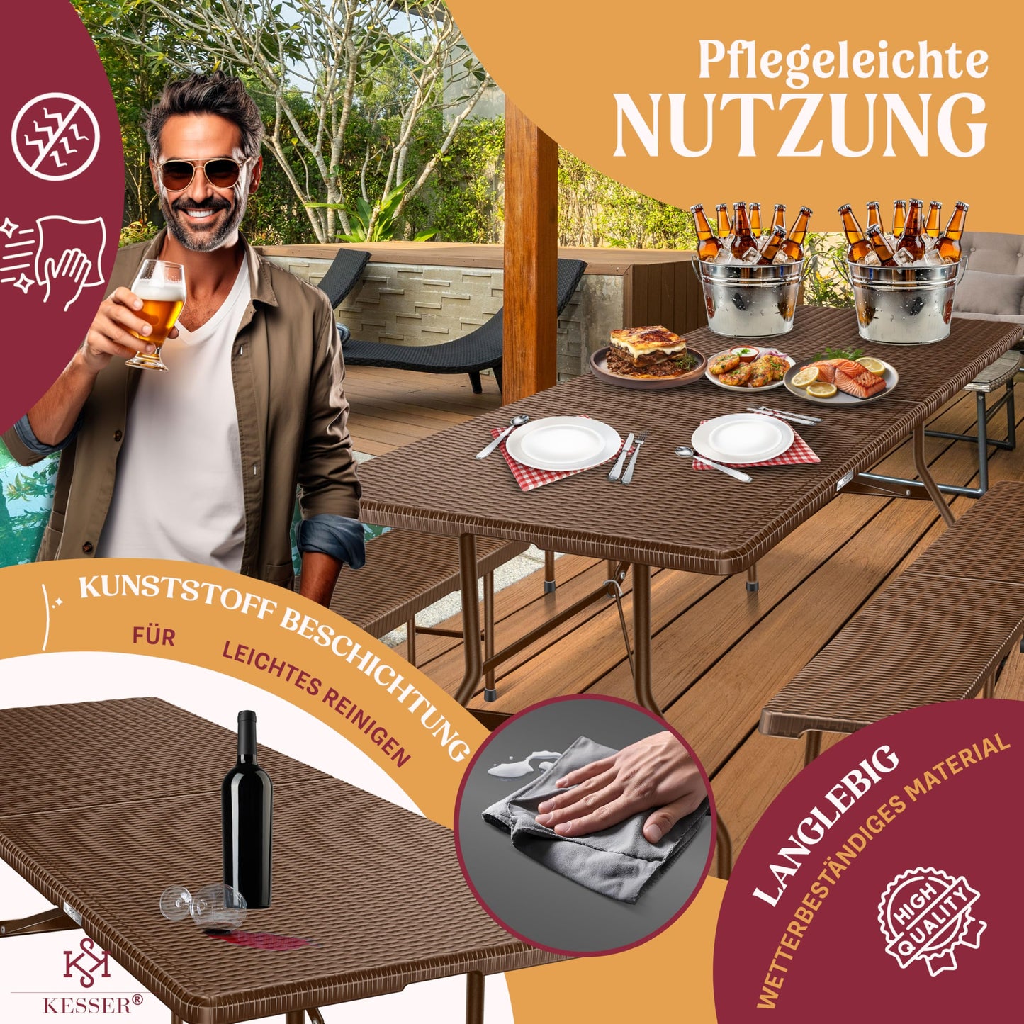 KESSER® Bierzeltgarnitur 3-teilig Set Tisch + 2X Bank, für drinnen - draußen klappbar Tragegriffe, HxBxT: 73x180x75 cm, Kunststoff, Rattan-Look Gartengarnitur, Klapptisch, Gartentisch, Braun