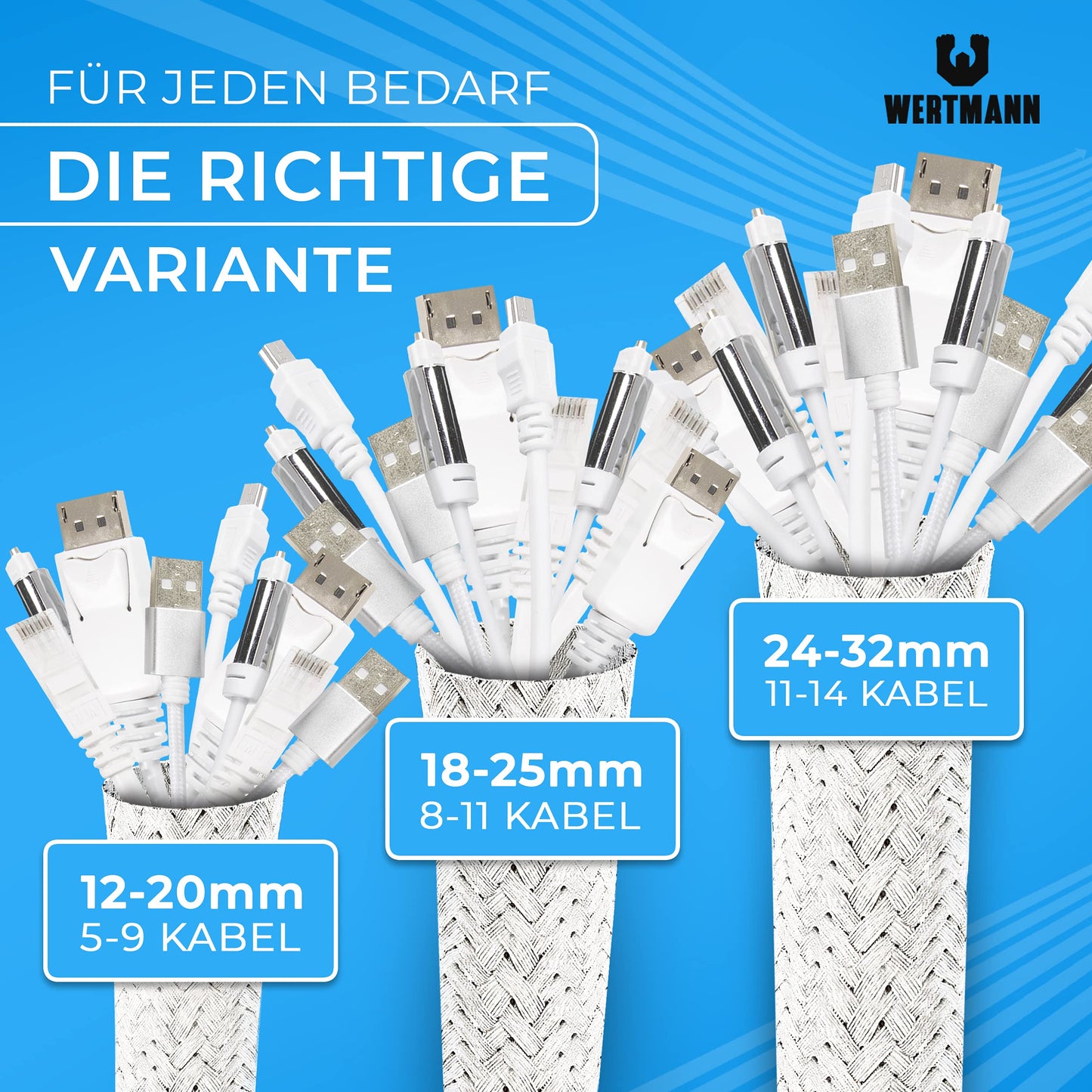 Wertmann gewebter Kabelschlauch weiß [3m] inkl Klettkabelbinder - Durchmesser [12-20mm] passt Sich an - als TV Kabelkanal weiß oder für den PC als Kabelmanagement Schreibtisch