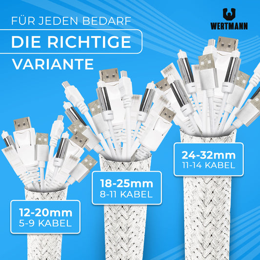 Wertmann gewebter Kabelschlauch weiß [3m] inkl Klettkabelbinder - Durchmesser [12-20mm] passt Sich an - als TV Kabelkanal weiß oder für den PC als Kabelmanagement Schreibtisch