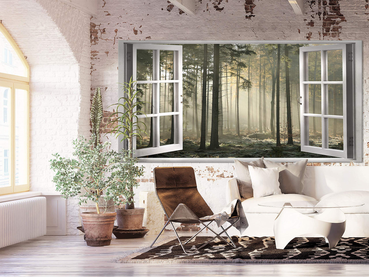 murando Wandbild Mega XXXL Fensterblick Einteiliger XXL-Format Kunstdruck zur Selbstmontage Leinwandbilder moderne Bilder DIY Wanddekoration Wohnung Deko Wald Nebel c-C-0378-ak-e