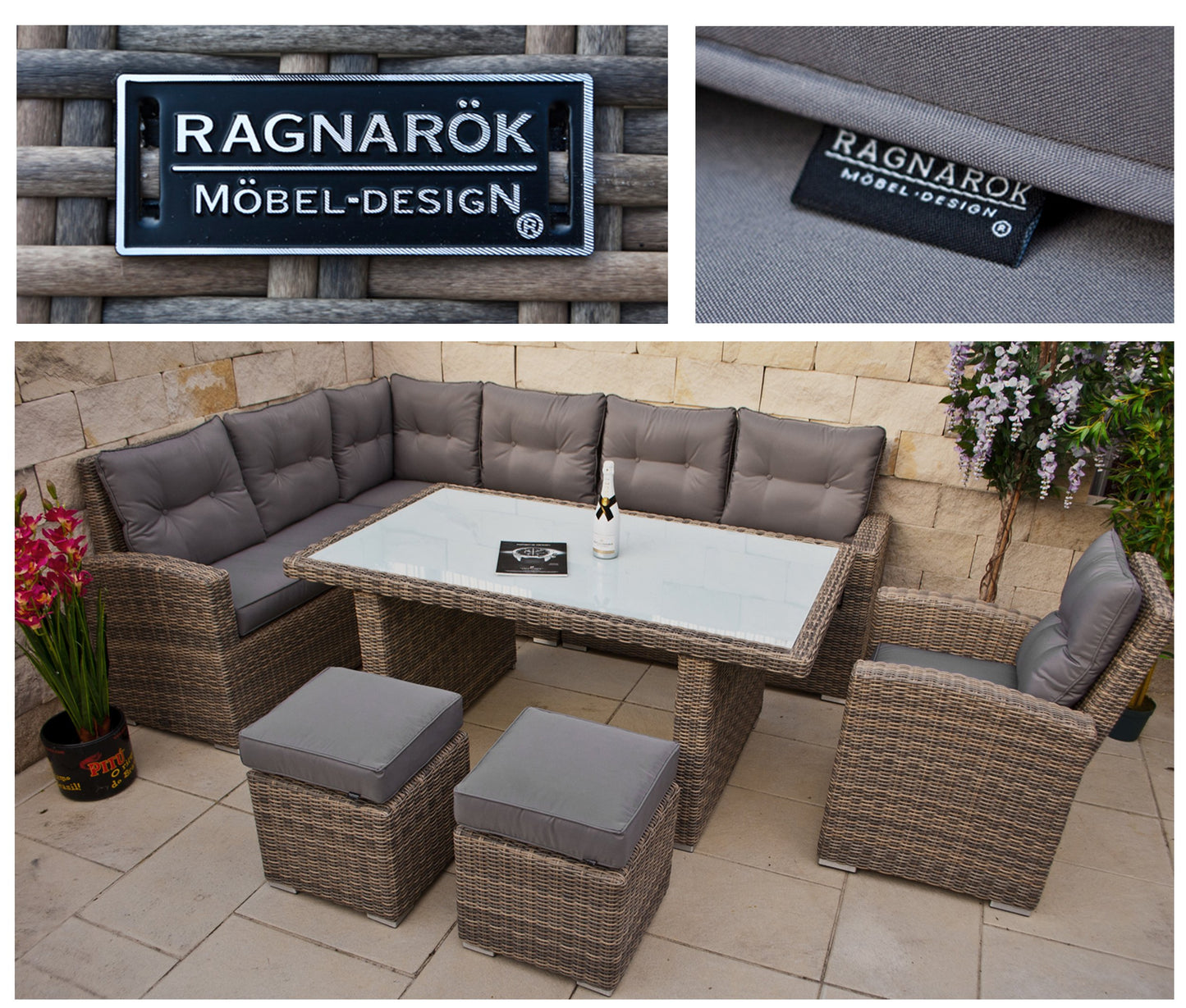 hohe Dining Lounge - DEUTSCHE Hersteller - 8 Jahre GARANTIE - EIGENE Produktion - PolyRattan Gartenmöbel Essgruppe Sessel Naturfarben Rundrattan Grau