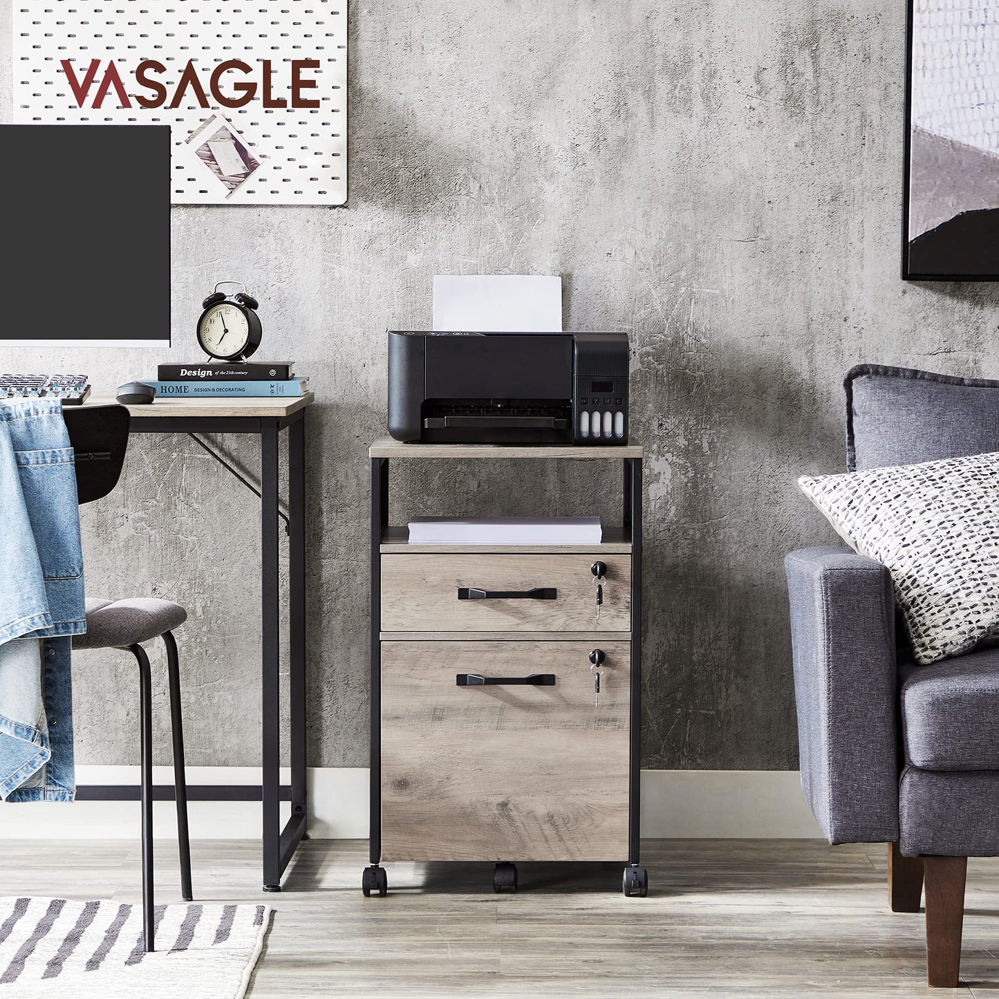 VASAGLE Rollcontainer, Aktenschrank mit 2 Schubladen, mobiler Büroschrank mit Rädern, offenes Fach, Hängeregistratur, Stahlgestell, Industrie-Design, greige meliert-tintenschwarz OFC077B02