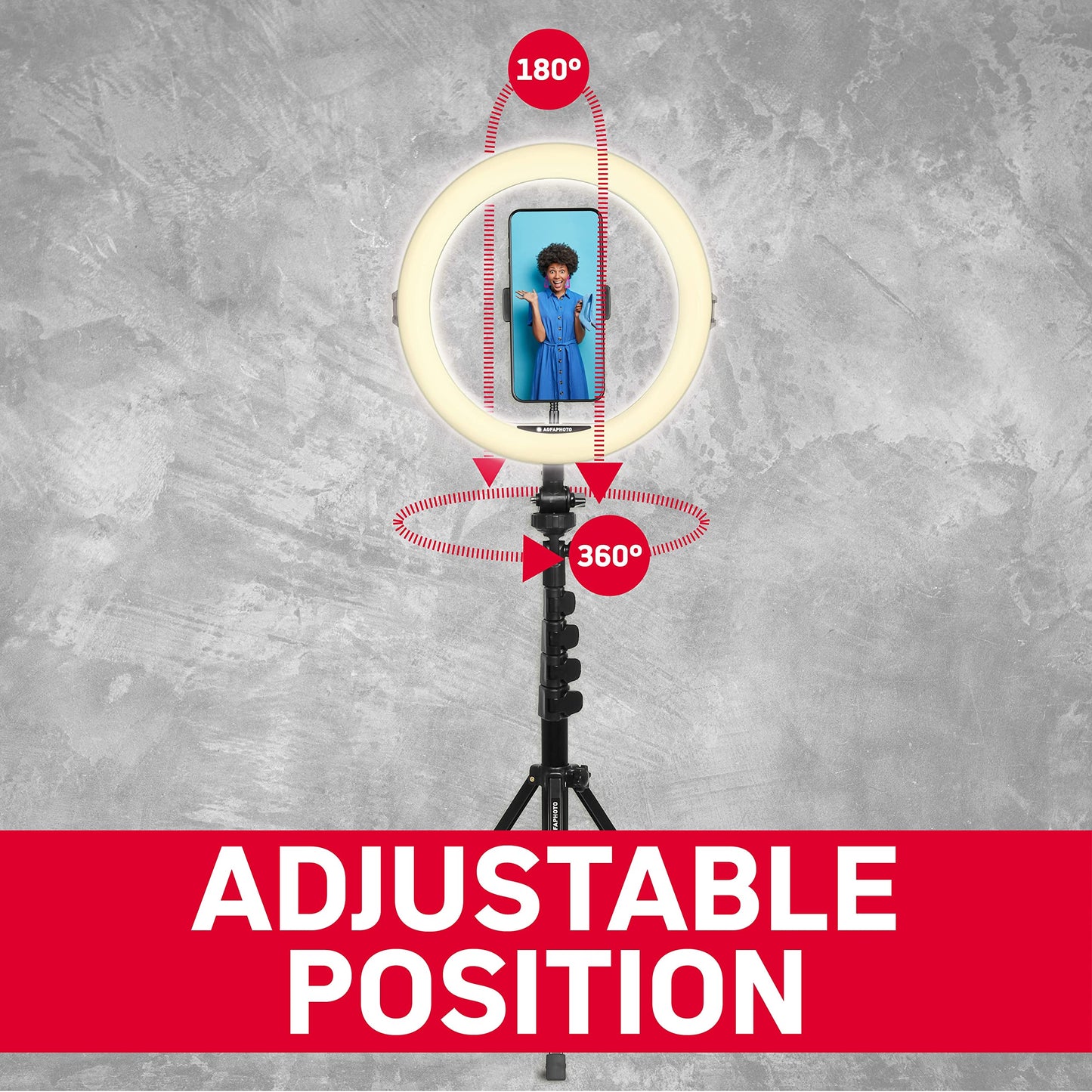 AgfaPhoto Ringlicht Realiview ARL11XL - 11'' LED-Beleuchtung mit verstellbarem Stativ (45cm bis 155cm) - Das Ringlicht für Videos, Fotos, kompatibel mit Smartphones und Kompaktkameras