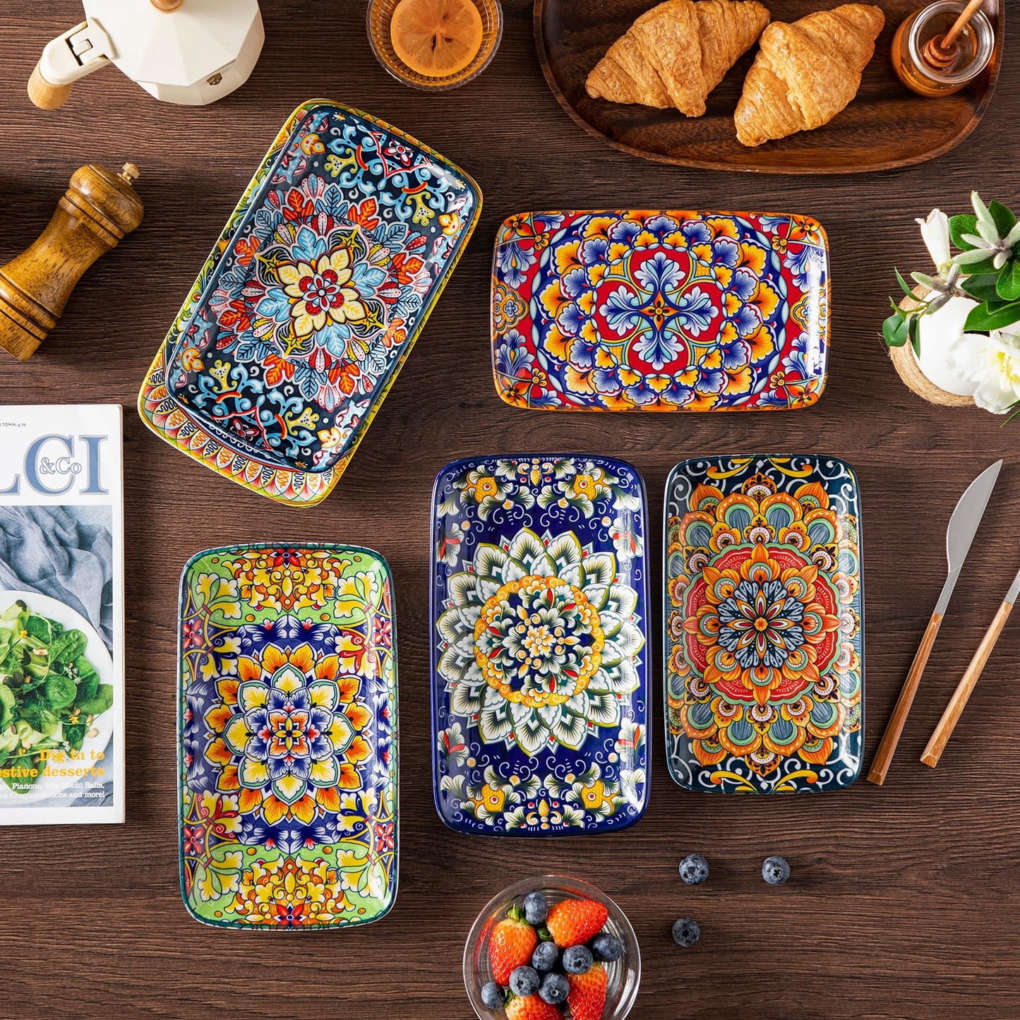 vancasso Servierplatten Porzellan, SIMI Rechteckige Teller Set, 6 teiligs Böhmischer Speiseteller, Dessertteller 6 Personen 24,7 x14,2 x H 3,1cm