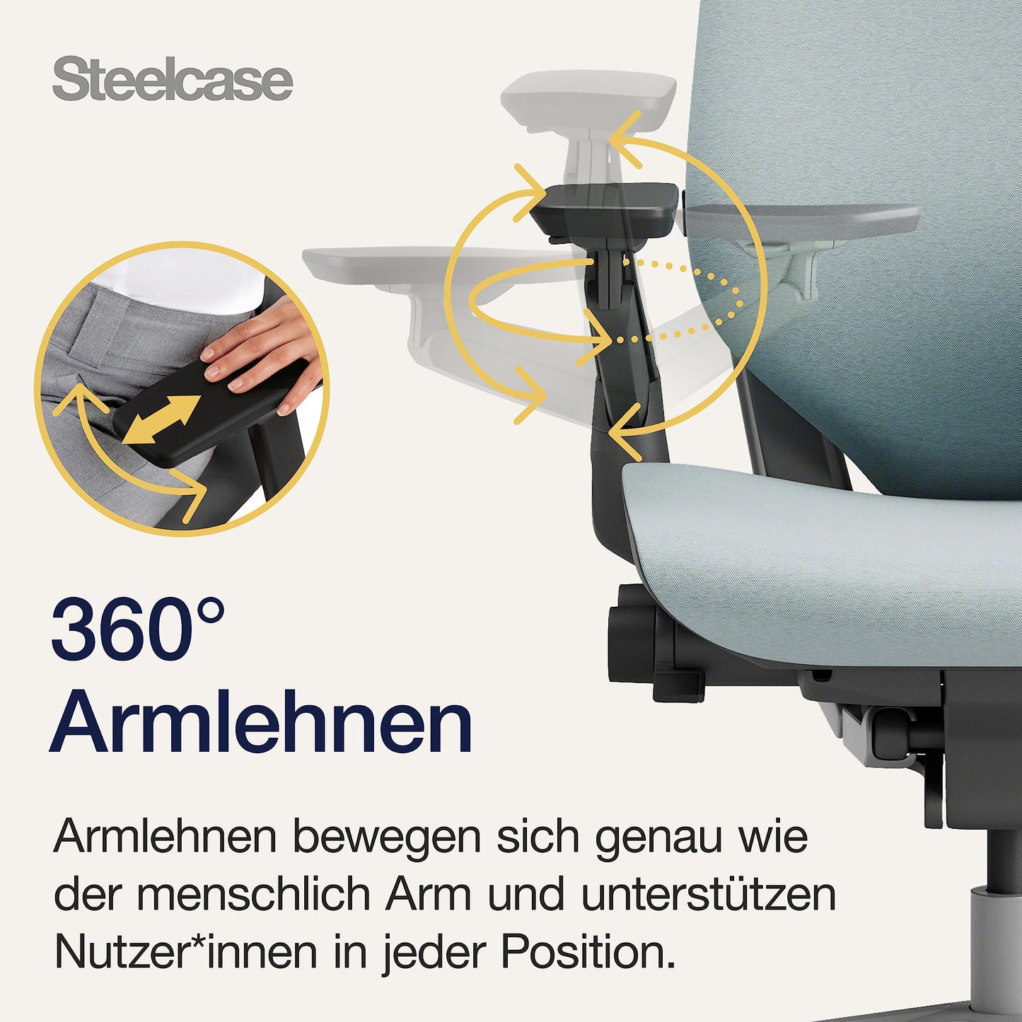 Steelcase Gesture Ergonomischer Bürostuhl mit 360° Armlehnen und 3D-Live Back Lumbalstütze Sturmhorizont