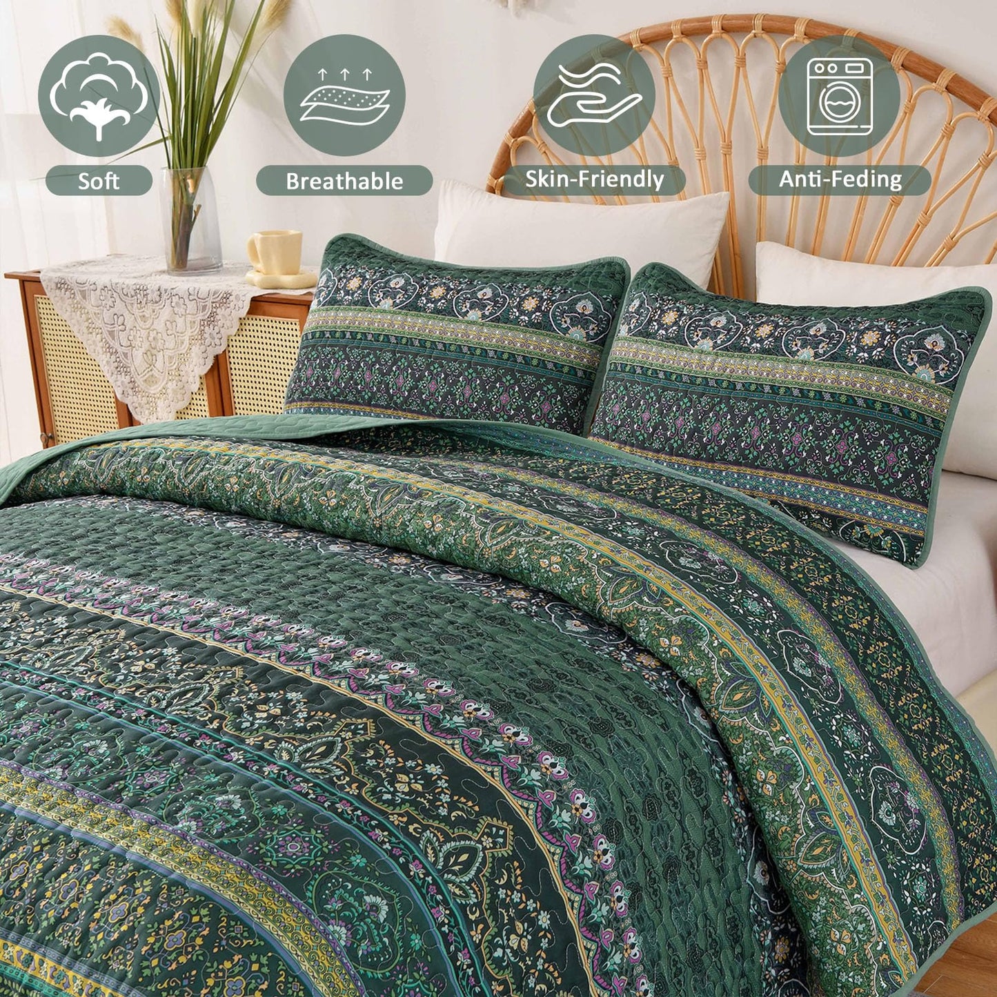 WONGS BEDDING Tagesdecke 220x240 Bettüberwurf Boho Decke Steppdecke 3 Teilig Doppelbett Gesteppt Bettdecke Mikrofaser Wohndecke mit 2 Kissenbezug 50x75 für Schlafzimmer als Sofaüberwurf (Grün)