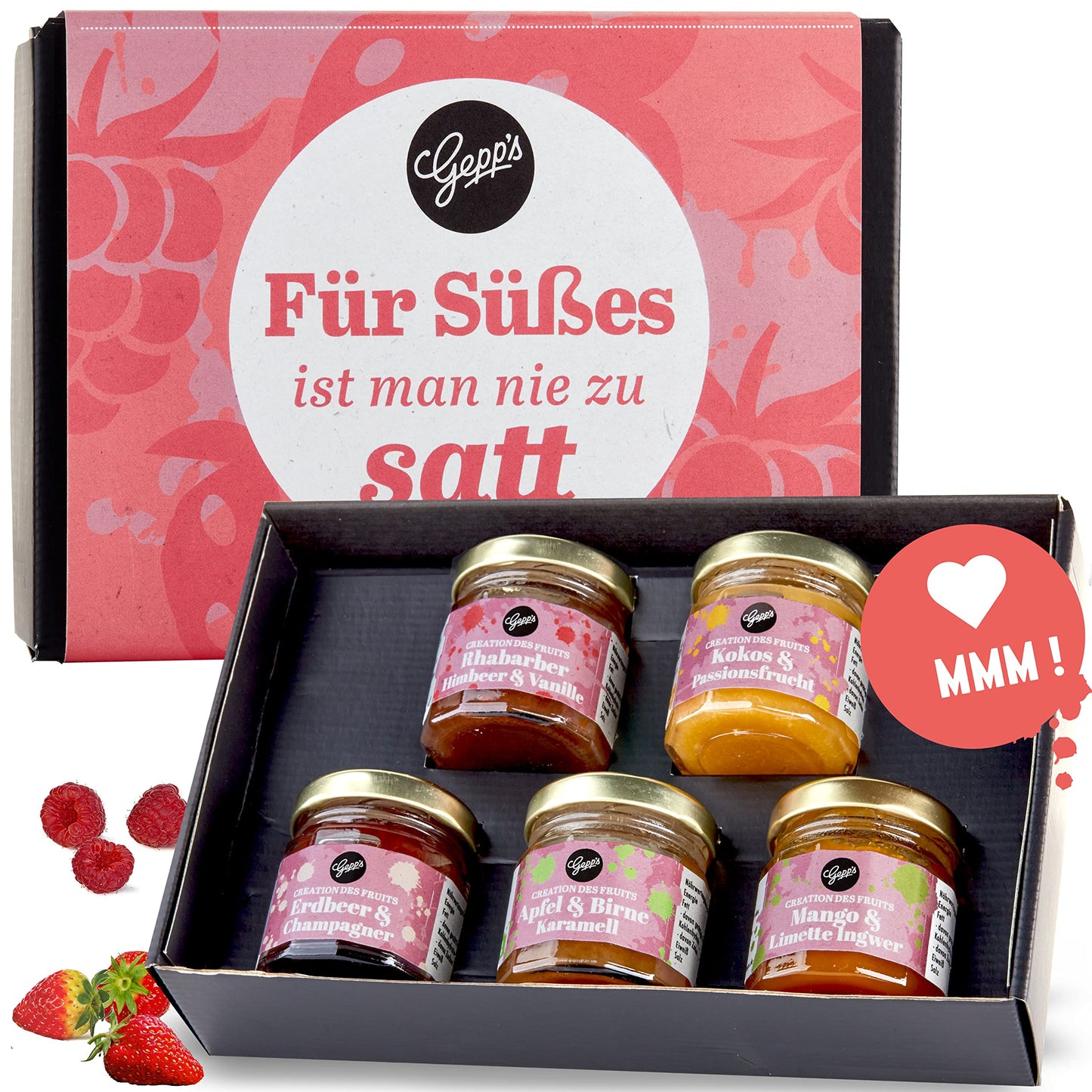 Gepp's Feinkost Frühstück Marmeladen Set I Mini Konfitüren in verschiedenen Geschmacksrichtungen I Geschenkset mit Spezialitäten wie Mango Ingwer Erdbeer & Champagner Fruchtaufstrich