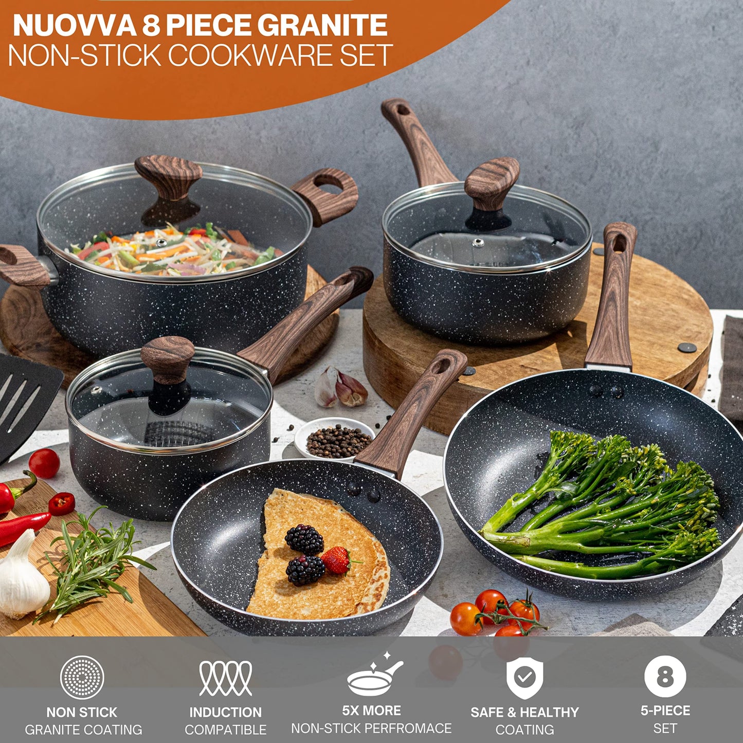Antihaftbeschichtete Töpfe und Pfannen Set - Induktionskochfeld Topfset - 8 Stück Küche Kochgeschirr mit Deckel - Kochen Marmor Topf Töpfe und Pfannen - von Nuovva