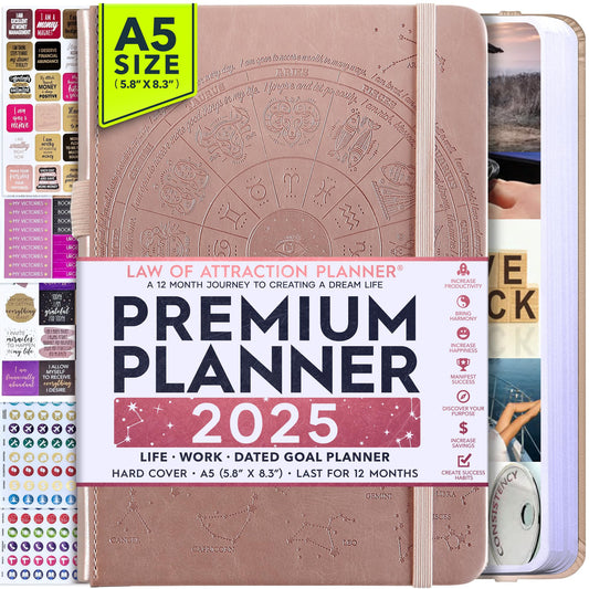 Law of Attraction Planer 2025 – Deluxe-Wochenplaner, Monatsplaner, eine 12-monatige Reise zur Steigerung der Produktivität und des Glücks – Lebens-Organizer, Dankbarkeits-Tagebuch und Aufkleber