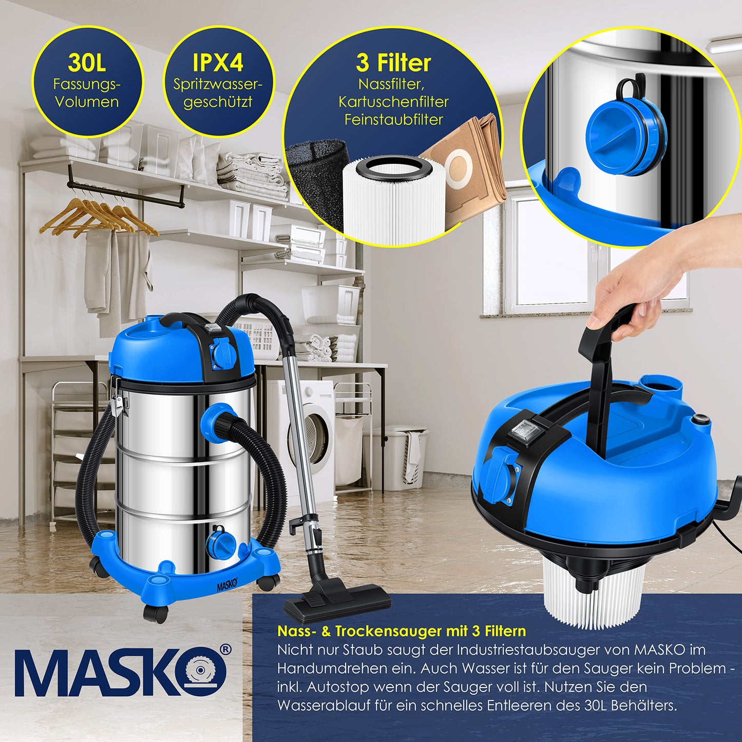 MASKO® Industriestaubsauger Staubsauger Nass Trocken Sauger Edelstahl 2300W + Steckdose | Blasfunktion | Push&Clean | Industrie-Sauger mit & ohne Beutel | beutellos Blau