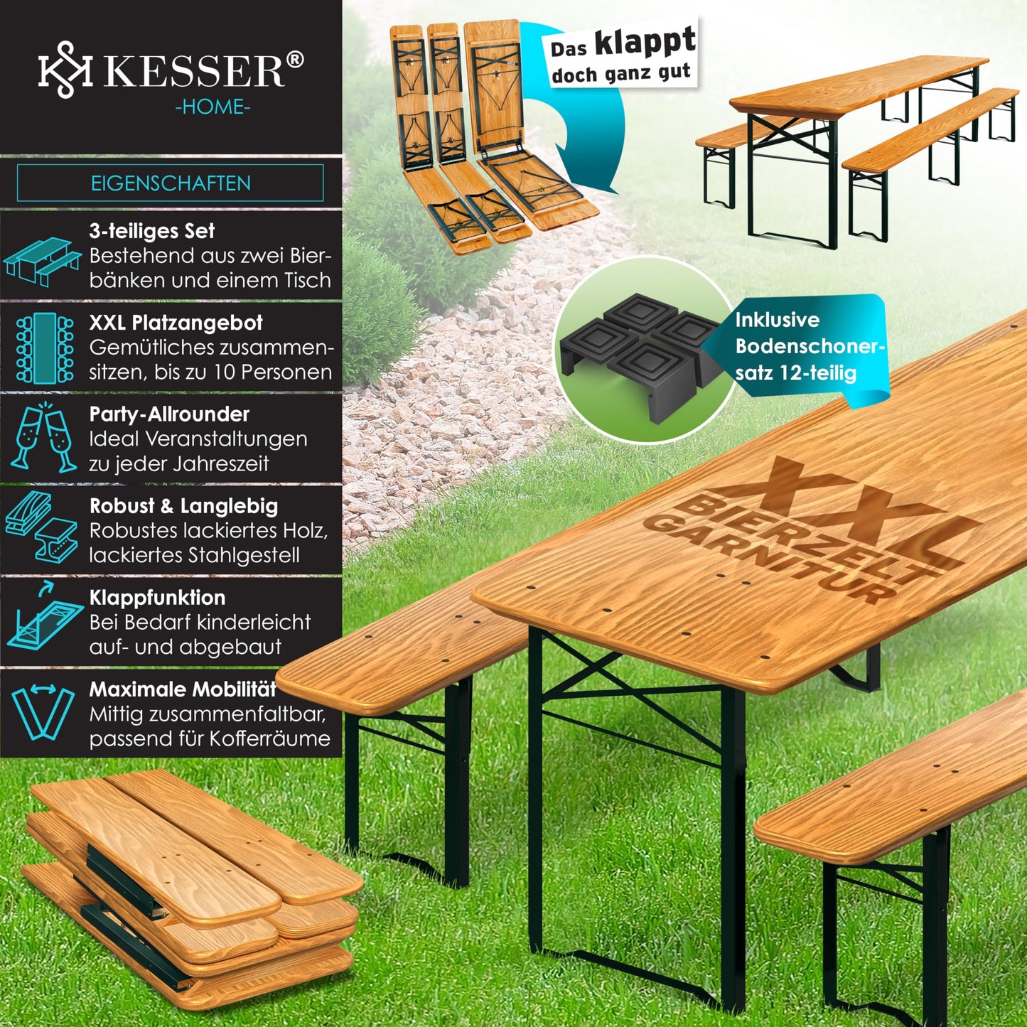 KESSER® Bierzeltgarnitur 3 teilig Gartenmöbel-Set | Klappbar 220 x 50 x 77cm | 2X Bierbänke 1x Biertisch | Festzeltgarnitur Biertisch Stehtisch Sitzgarnitur Holz 16-teiliges Bodenschoner-Set