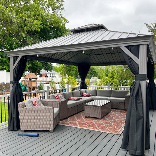 PURPLE LEAF Aluminium Pavillon 3.65 x 4.85 m mit Moskitonetz und Vorhänge Pavillon mit Doppeltes Stahldach Gartenpavillon Wetterfest, Hellgrau