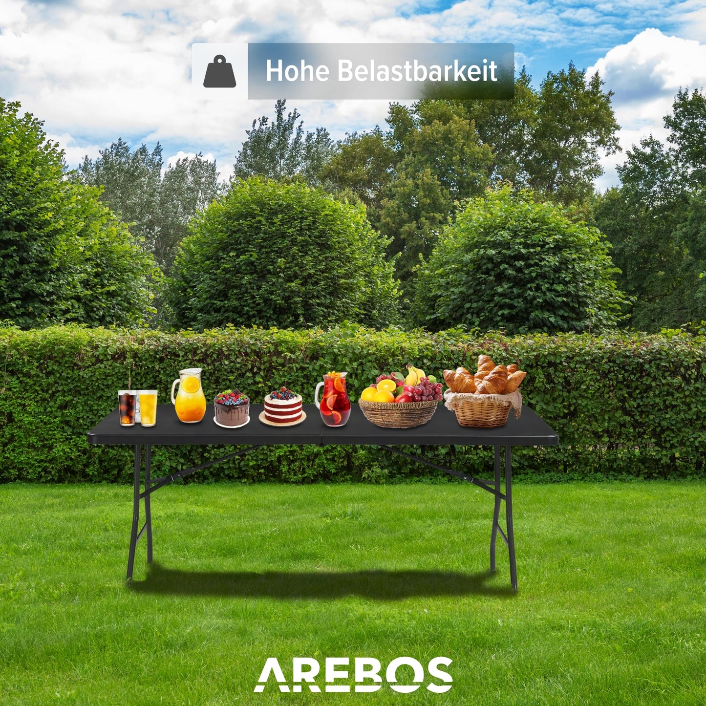 Arebos Buffettisch zusammenklappbar 182 x 74 x 74 cm Wetterfest Gartentisch Partytisch Klapptisch für Garten Terrasse und Balkon | 8 Personen | Campingtisch mit Tragegriff | Anthrazit