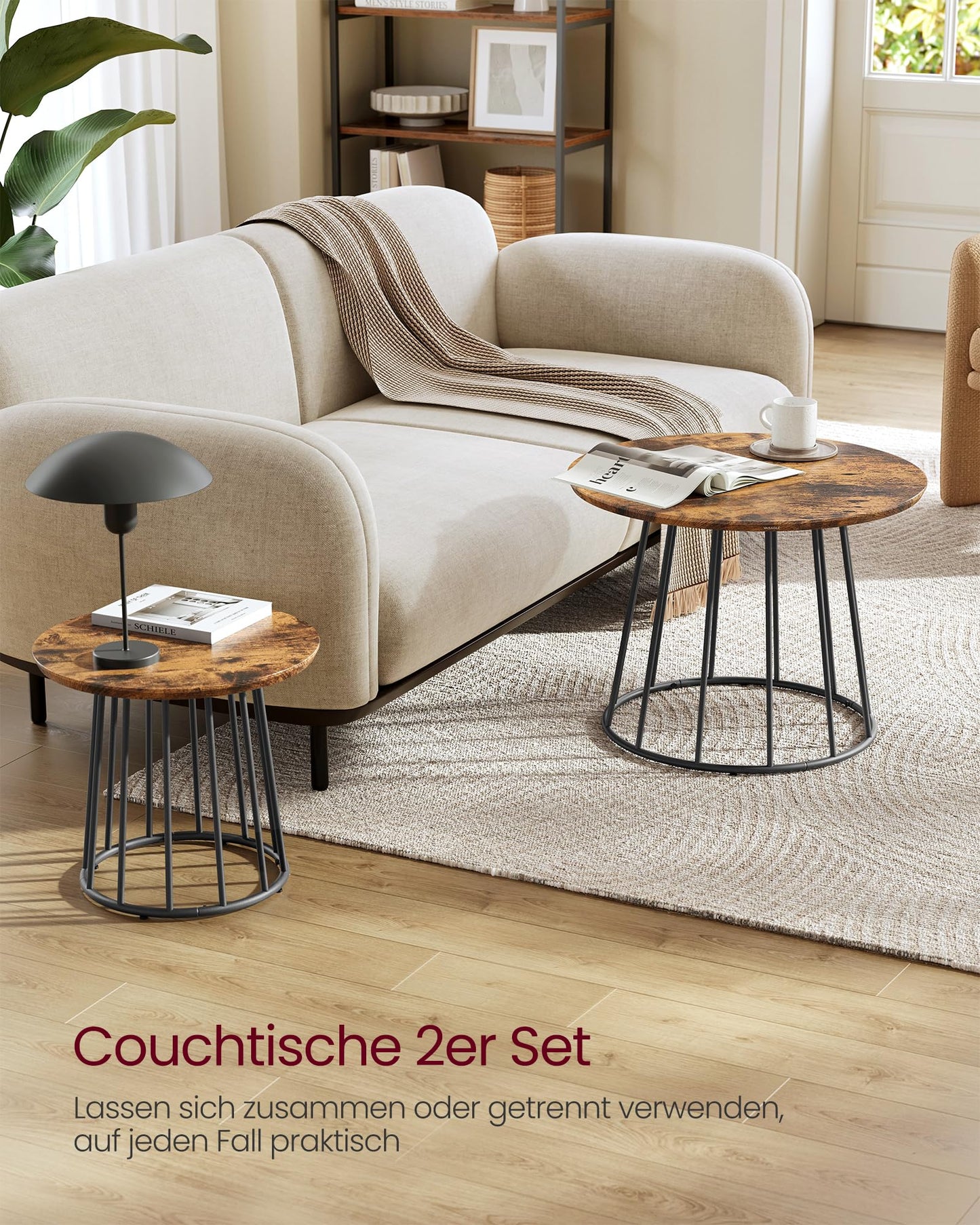 VASAGLE Couchtisch rund, 2er Set, modern, runder Beistelltisch, mit Stahlgestell, für Wohnzimmer, Schlafzimmer, vintagebraun LCT045K01