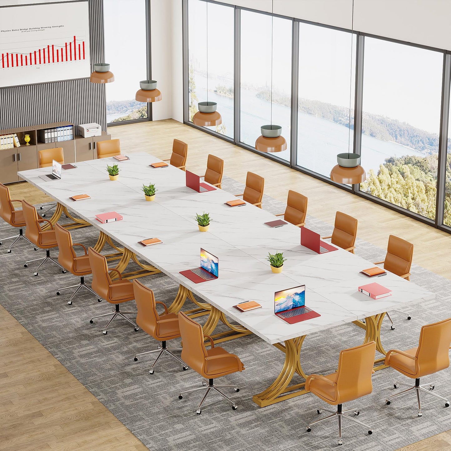 Tribesigns Konferenztisch aus Kunstmarmor, moderner Besprechungstisch mit goldfarbenen Beinen für 8–10 Personen, rechteckiger Seminar-Tisch für Büro, Konferenzraum (4, Weiß + Gold)