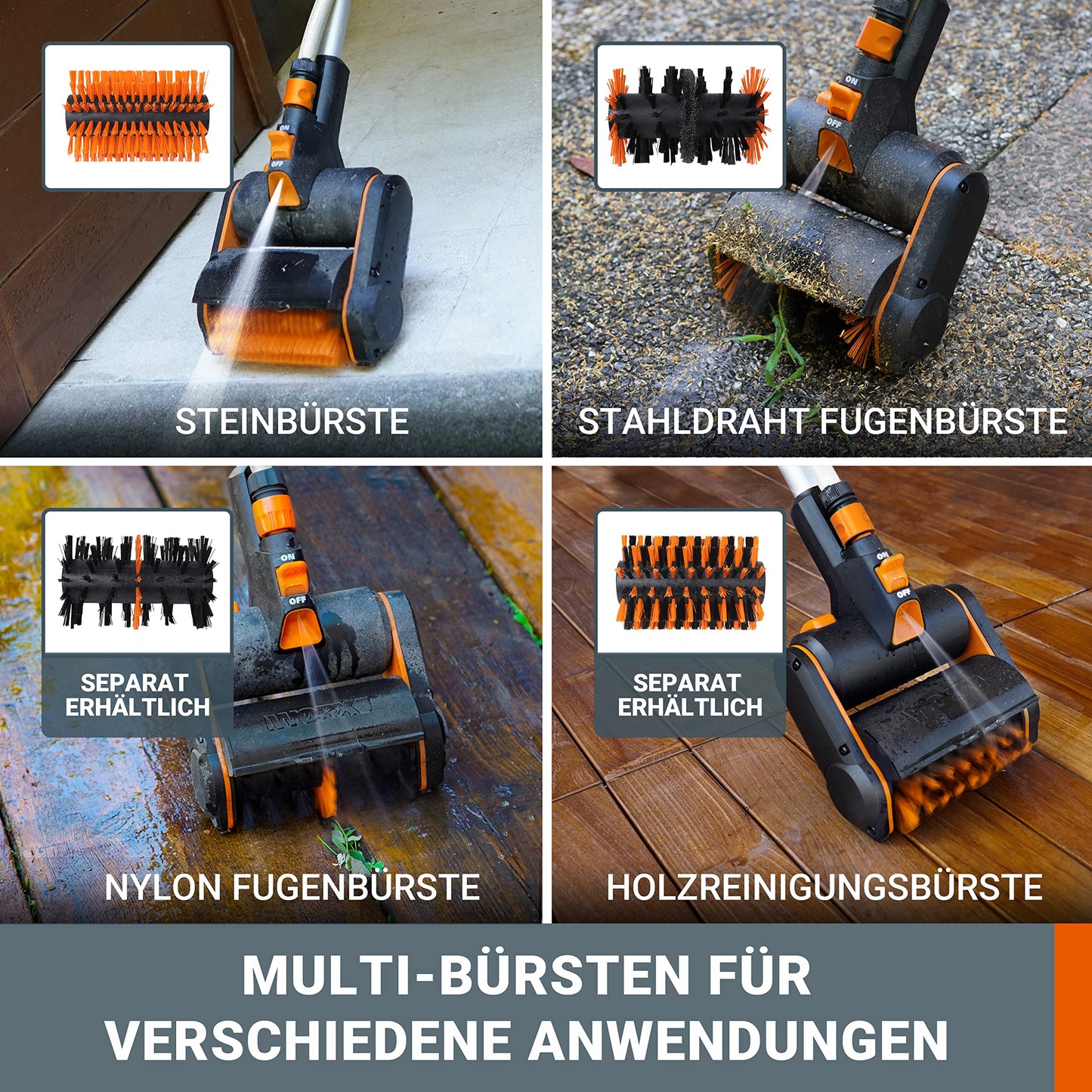WORX WG441E.9 Akku-Multi-Bürste 20V -multifunktionale Oberflächenbürste für Stein-& Holfzflächenreinigung & Unkrautentfernung -integrierter Wasseranschluss -PowerShare kompatibel-ohne Akku & Ladegerät