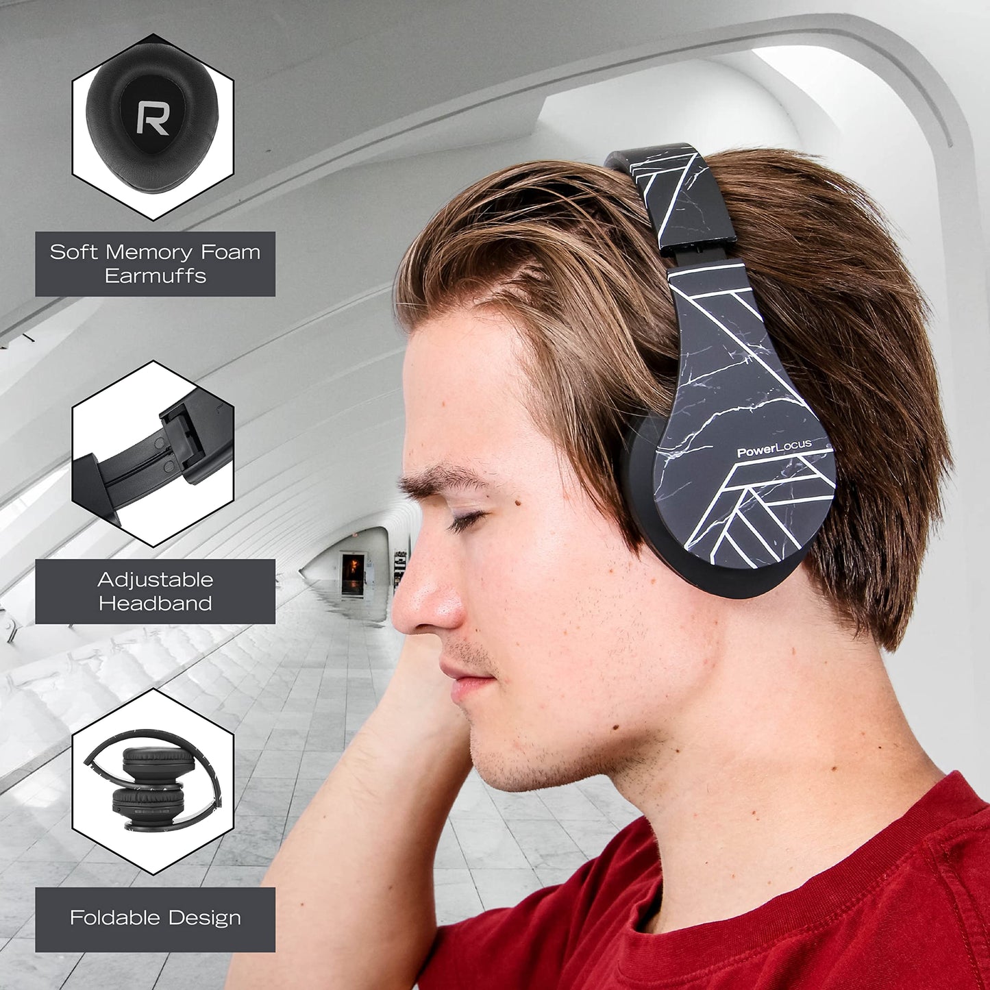 PowerLocus Kabellose Kopfhörer Over Ear, Kopfhörer Bluetooth mit Mikrofon, Faltbar, weiche Ohrpolster Hi-Fi-Stereo-Bass, Headset Kabellos und Kabel-Modus für Kinder/Erwachsene/TV/PC/Home Office