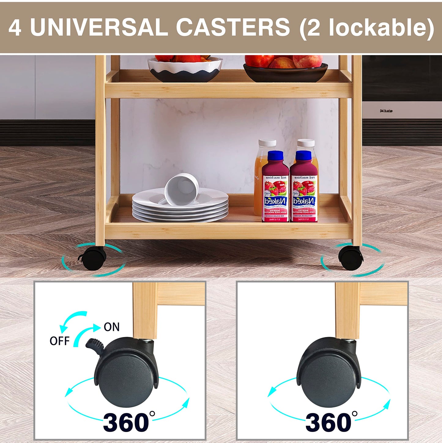 SMIBUY Kücheninsel Wagen auf Rädern mit Lagerung Schublade & Regale, Bambus 3-Tier Rolling Utility Serving Rack mit Massivholz Arbeitsplatte & Lockable Casters (Natural)