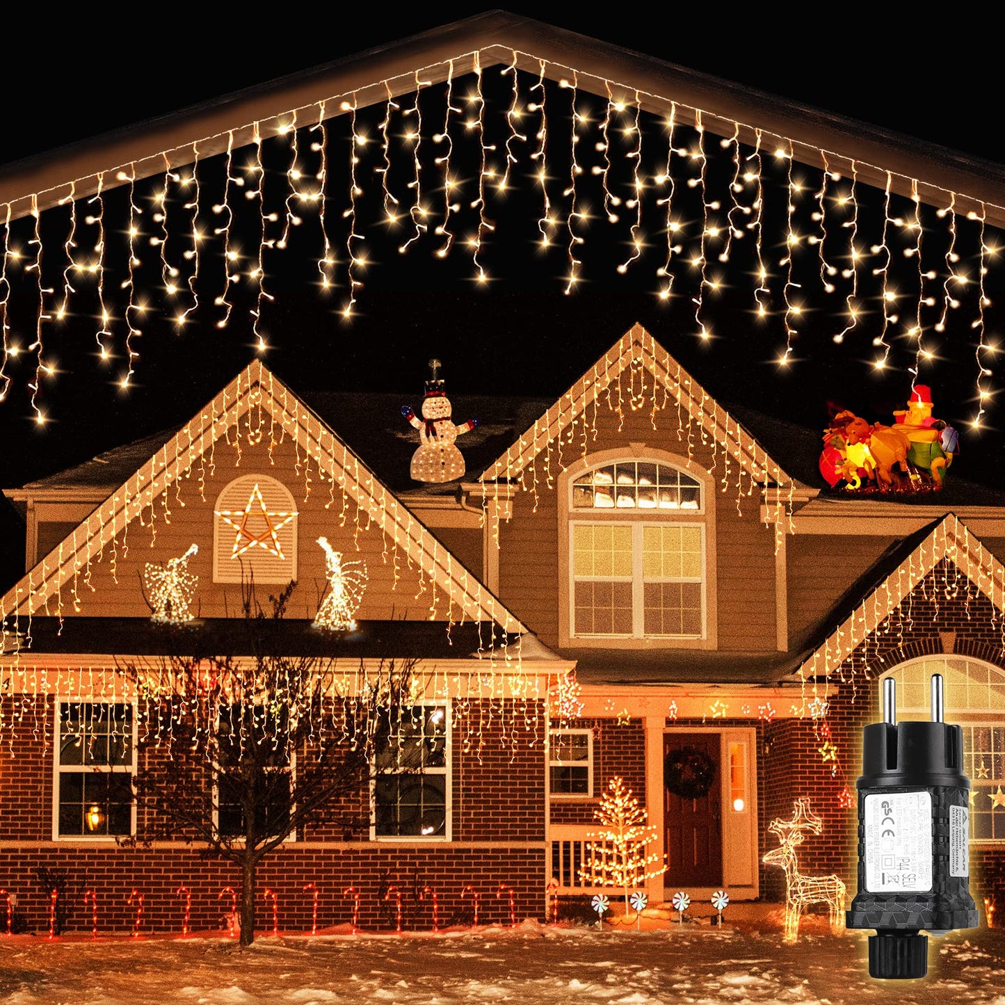 SALCAR LED Eisregen Lichterkette Außen, 200er Lichtervorhang Fenster 8m Weihnachten Beleuchtung (5m Lichterkette + 3m Stromkabel) Innen 31V mit 8 Beleuchtungsmodi und Memory-Funktion, Warmweiß