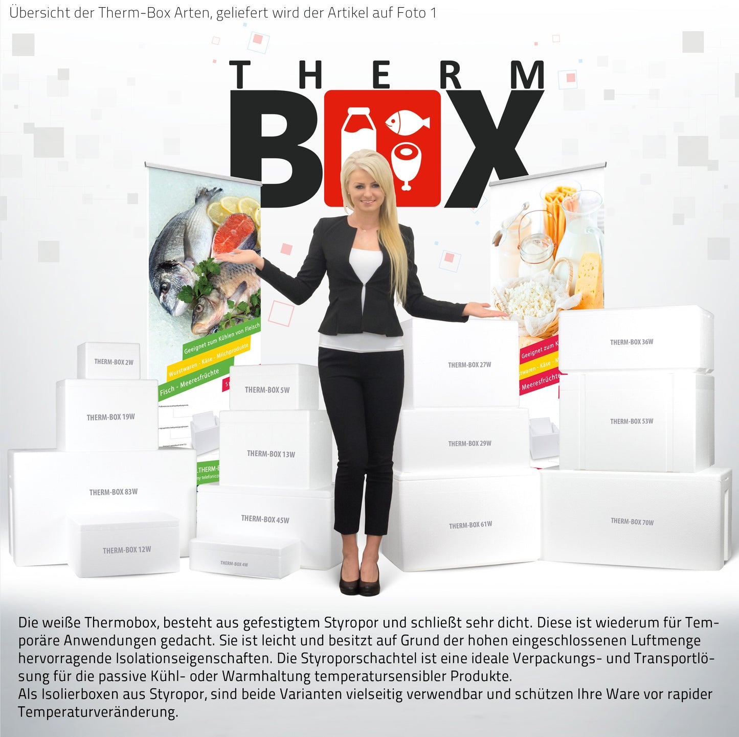 THERM BOX Styroporbox 61W 53x33x34cm Wand 3cm Volumen 61,5L Isolierbox Thermobox Kühlbox Warmhaltebox Wiederverwendbar