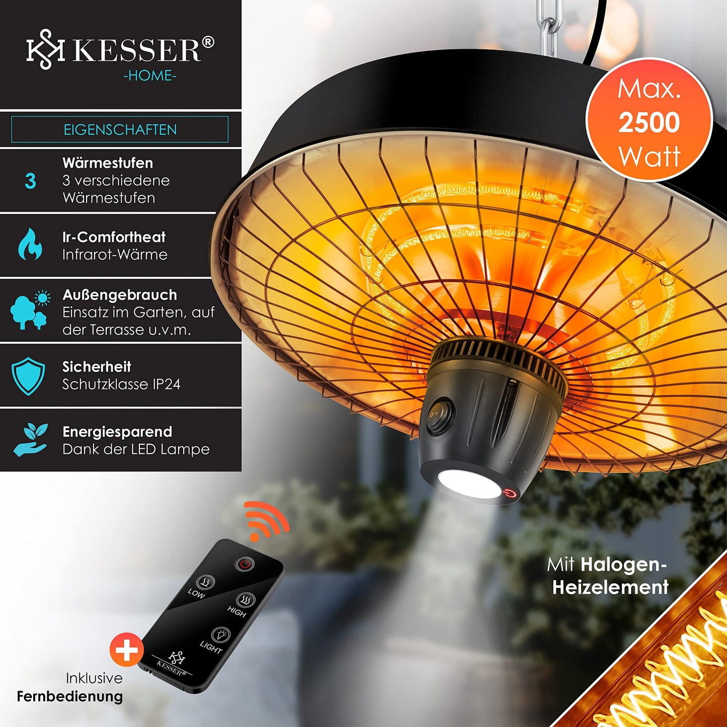 KESSER® Deckenheizstrahler Heizpilz Infrarot-Heizstrahler 2500W Terrassenstrahler mit Fernbedienung Quarzstrahler | LED Licht | Decke | Infrarotstrahler | mit Kette + Karabinerhaken Carbon-Heizelement