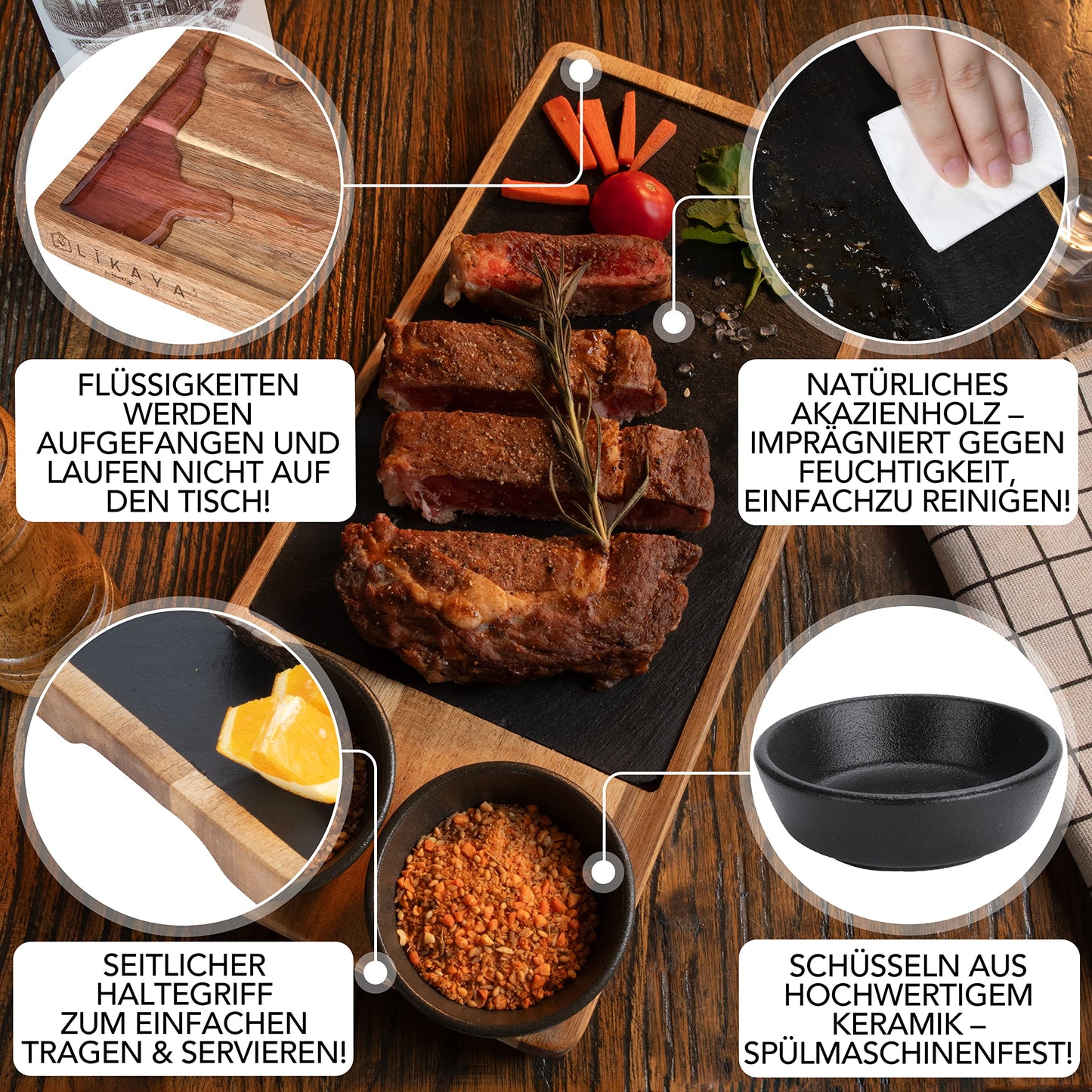 LIKAYA® Servierbrett 2er-Set 'LUIS' – FSC® Akazienholz & Schieferplatte mit Saucenschüsseln | Perfekt als Grillbrett, Steakbrett & Geschenk für Burger, Steak & Sushi