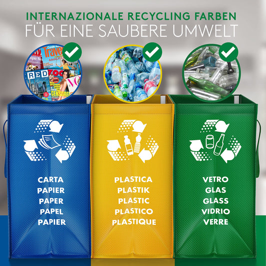 PTMS® Mülleimer 3 Fächer - Mülltrennsystem für Papier, Glas und Plastik - Umweltfreundliche Recycling Organizer Taschen aus sehr resistenten und wiederverwendbaren Materialien - Einfache Entleerung