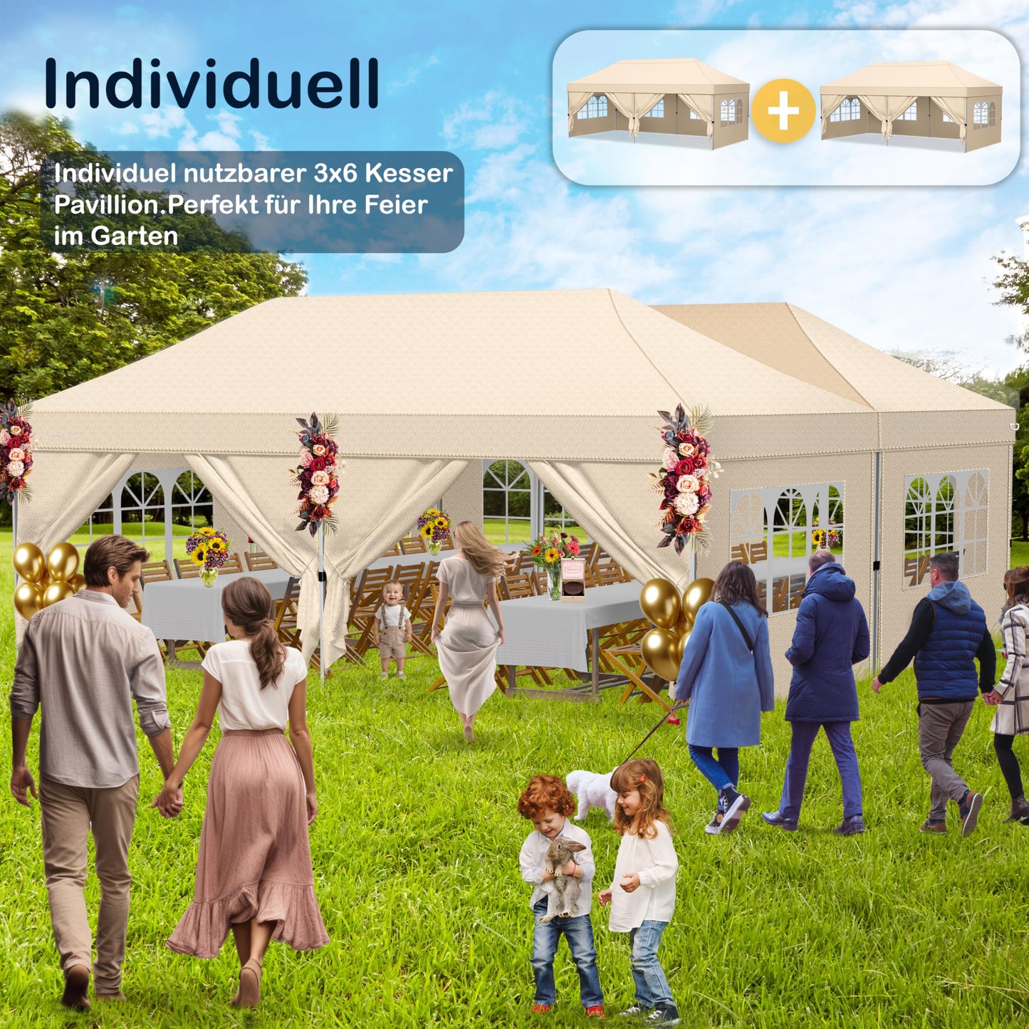 KESSER® Pavillon Faltpavillon 6x3m Festzelt mit 6 abnehmbaren Seitenwänden | Gartenzelt Höhenverstellbar & Wasserdicht + Tasche Bodenanker | Pop-Up Klicksystem UV-Schutz 50+ Partyzelt Beige